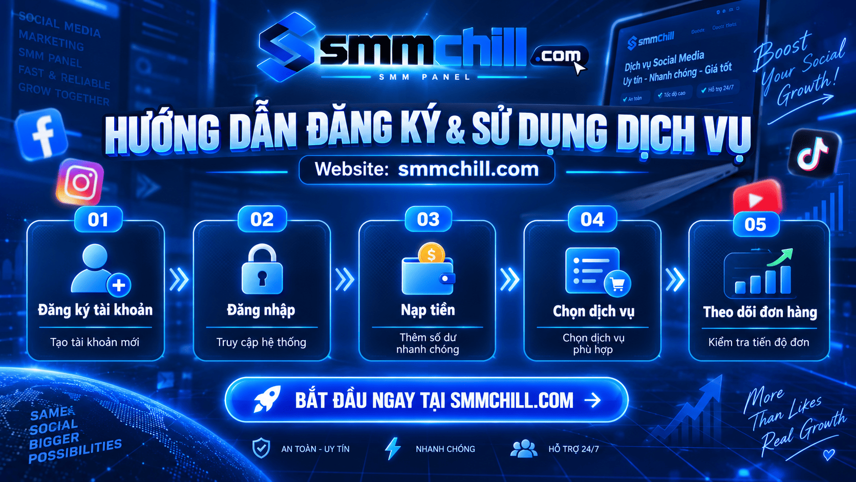 Hướng dẫn các bước đăng ký và sử dụng dịch vụ trên website SMMChill
