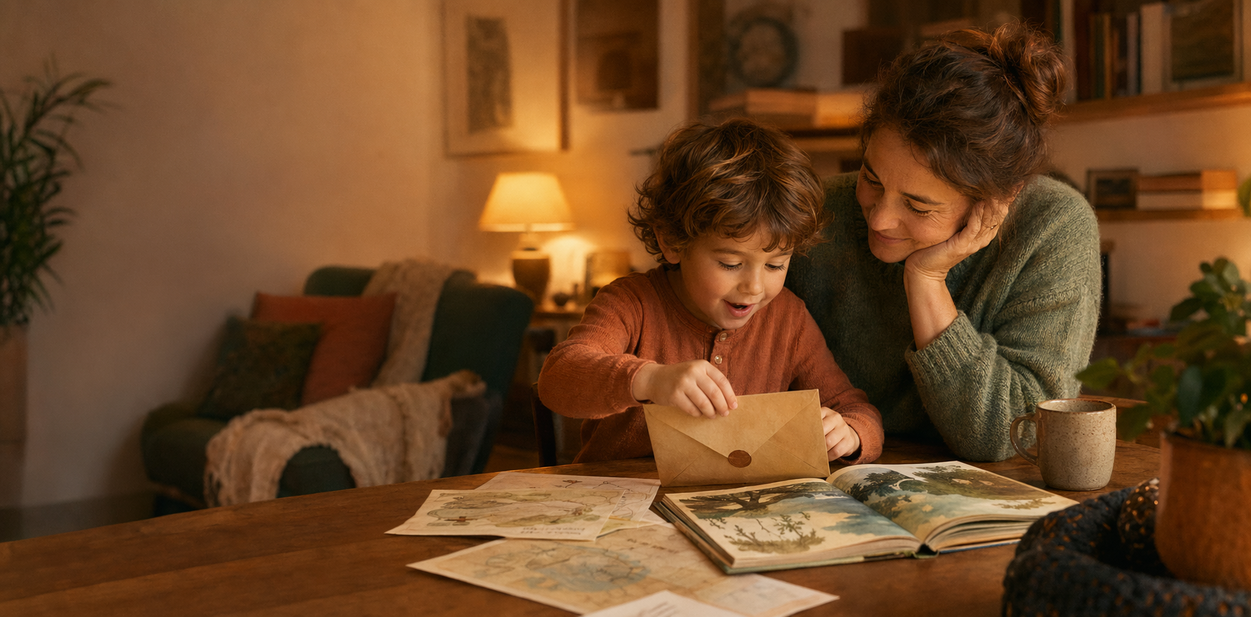 Parent et enfant qui commencent une aventure Bookero à la maison