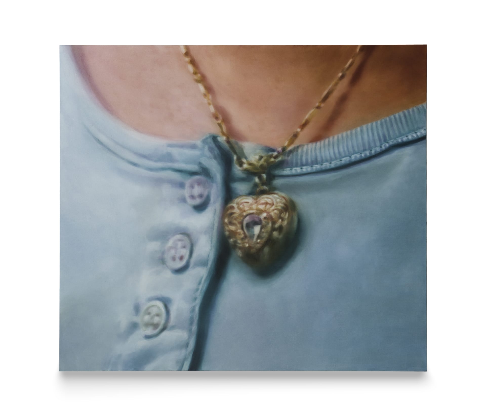A painting by Rachel Lancaster of a locket over a turquoise top