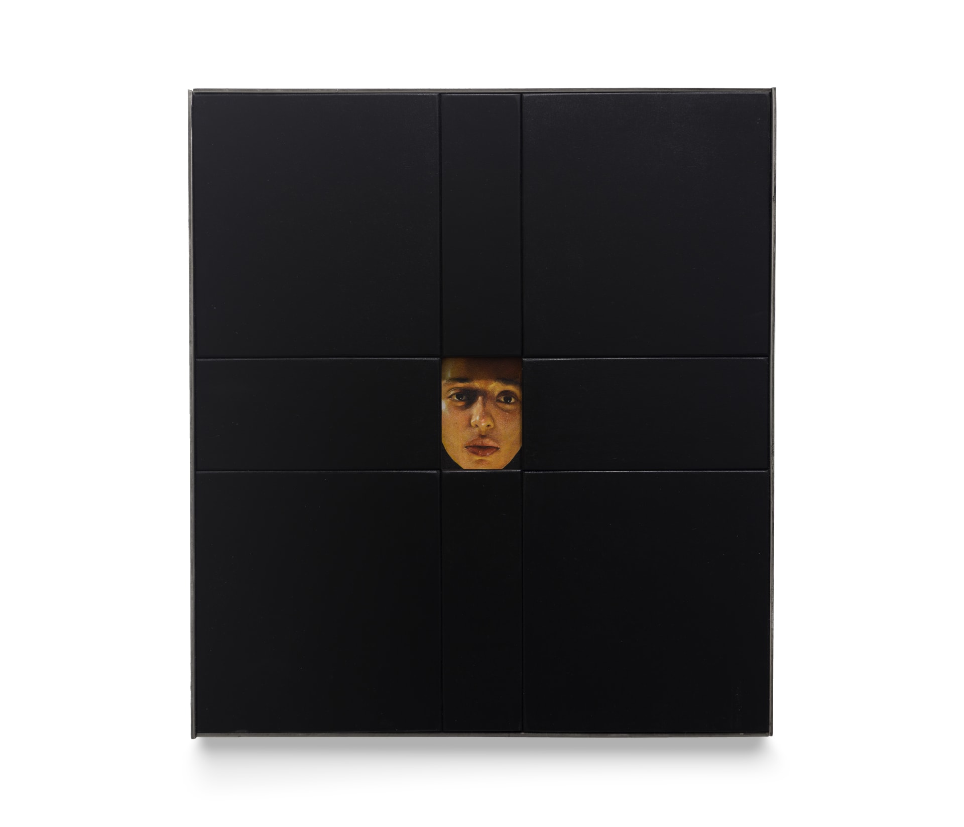 A painting by Ki Yoong of a woman's face framed within a large black wooden frame
