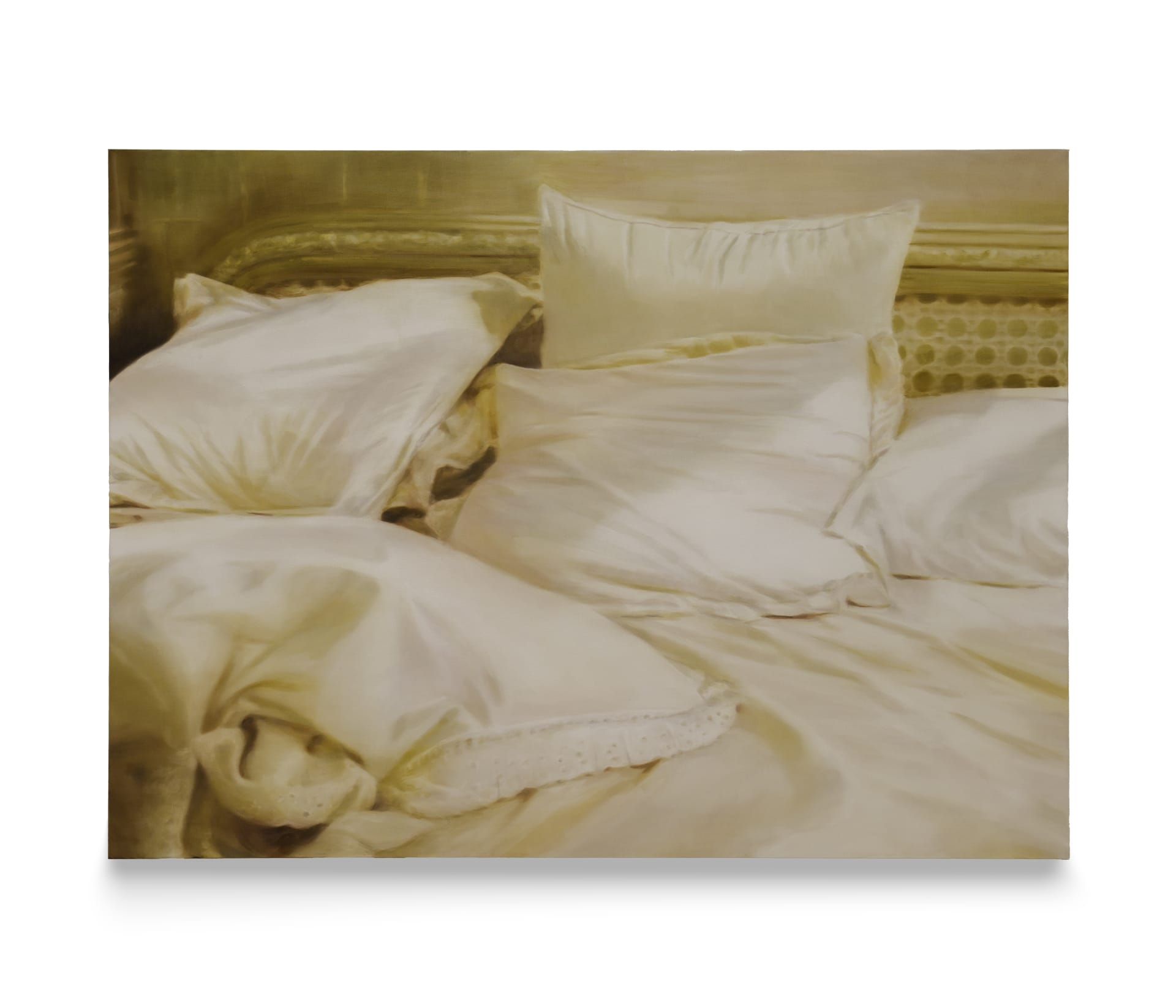 A painting by Rachel Lancaster of beige silk bedsheets and pillows