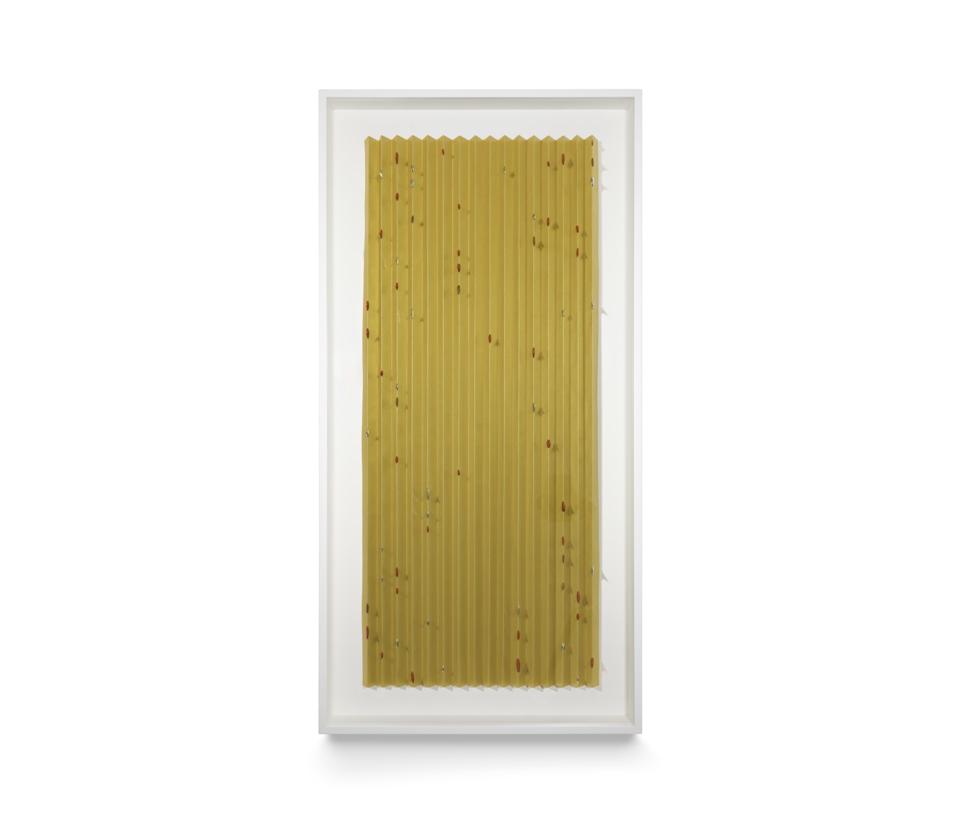Artwork by Alice Channer, pleated gold paper with silver and red metalised thorns fixed throughout
