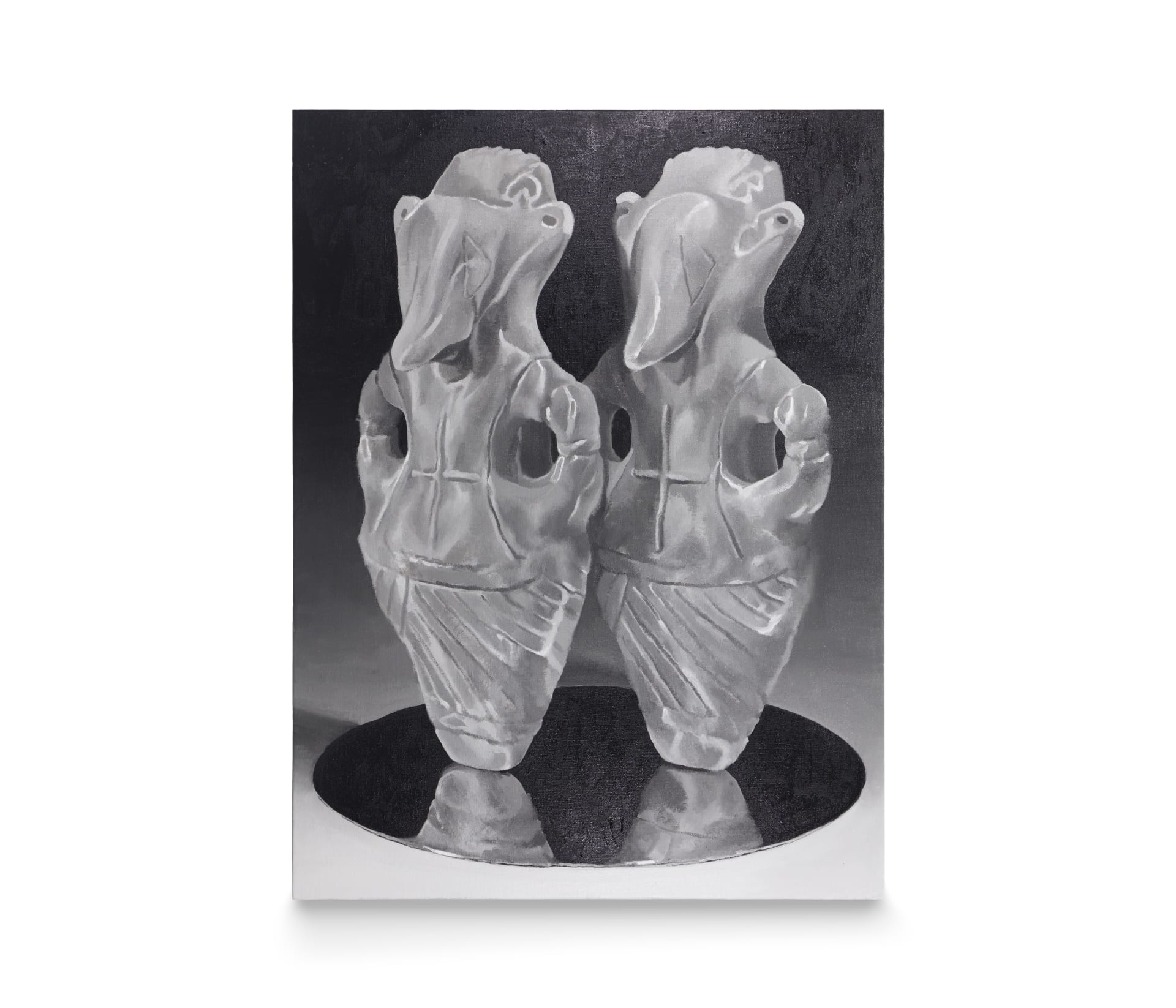 a painting by Robin Megannity of two anthropomorphic, animal like sculptures on a mirror