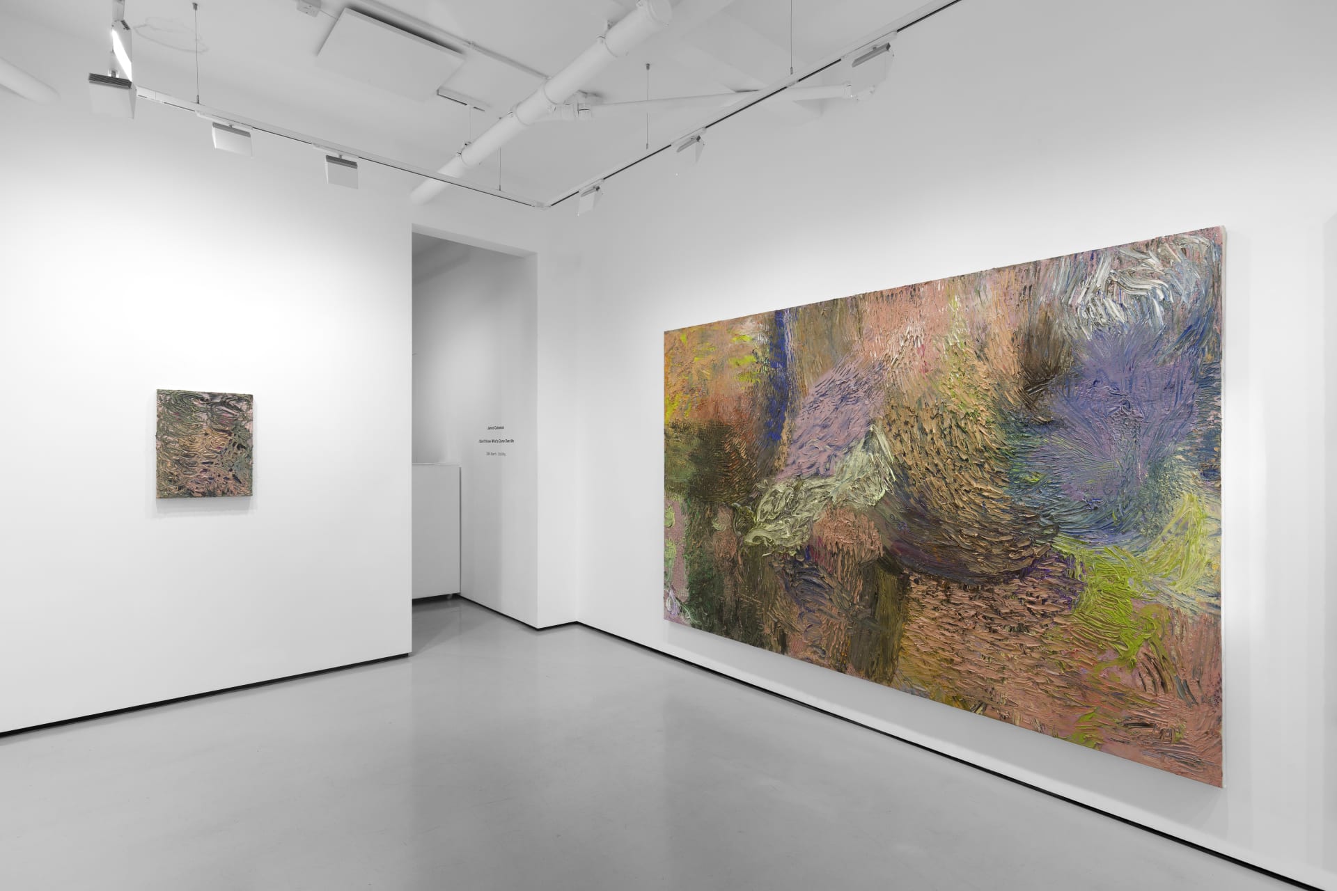 An installation view of James Cabaniuk's solo exhibition with two very large impasto oil paintings on the wall