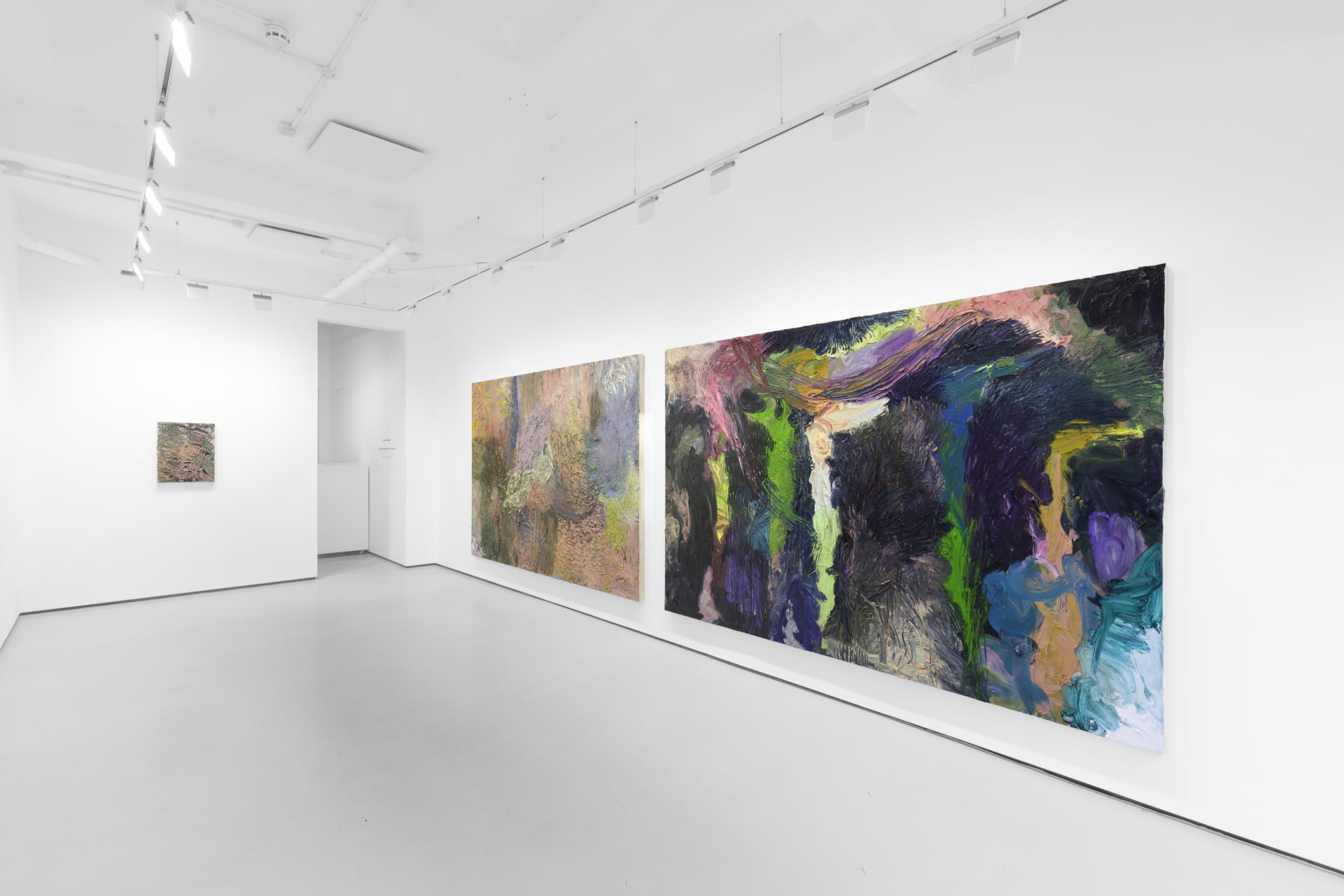 An installation view of James Cabaniuk's solo exhibition with two very large impasto oil paintings on the wall
