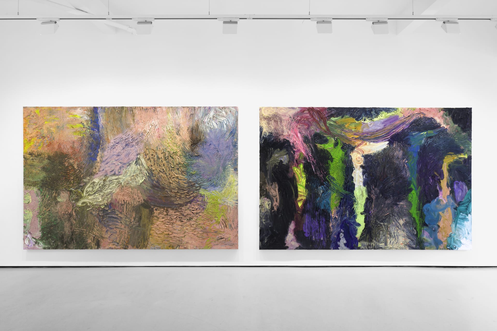 An installation view of James Cabaniuk's solo exhibition with two very large impasto oil paintings on the wall