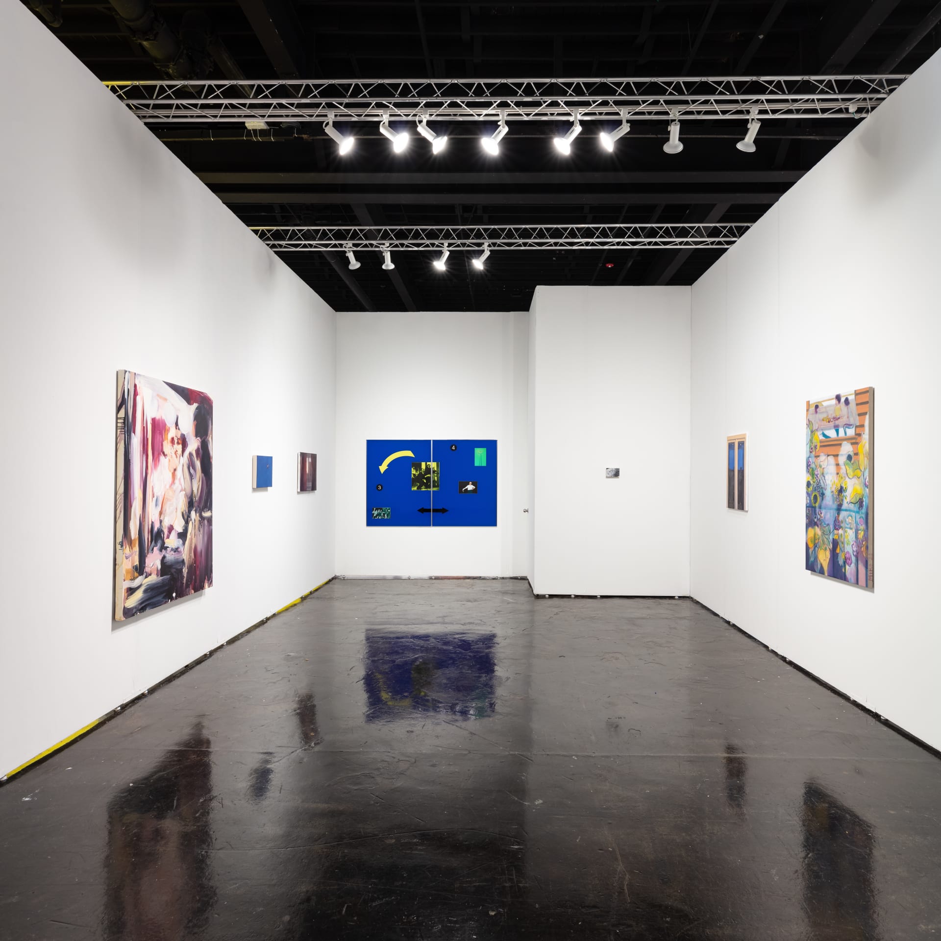 Workplace's booth at Nada Miami 2022. White walls with artworks by James Prapaithong, Simeon Barclay, Cristian Avram, Laura Lancaster, Julia Maiuri and Miko Veldkamp.
