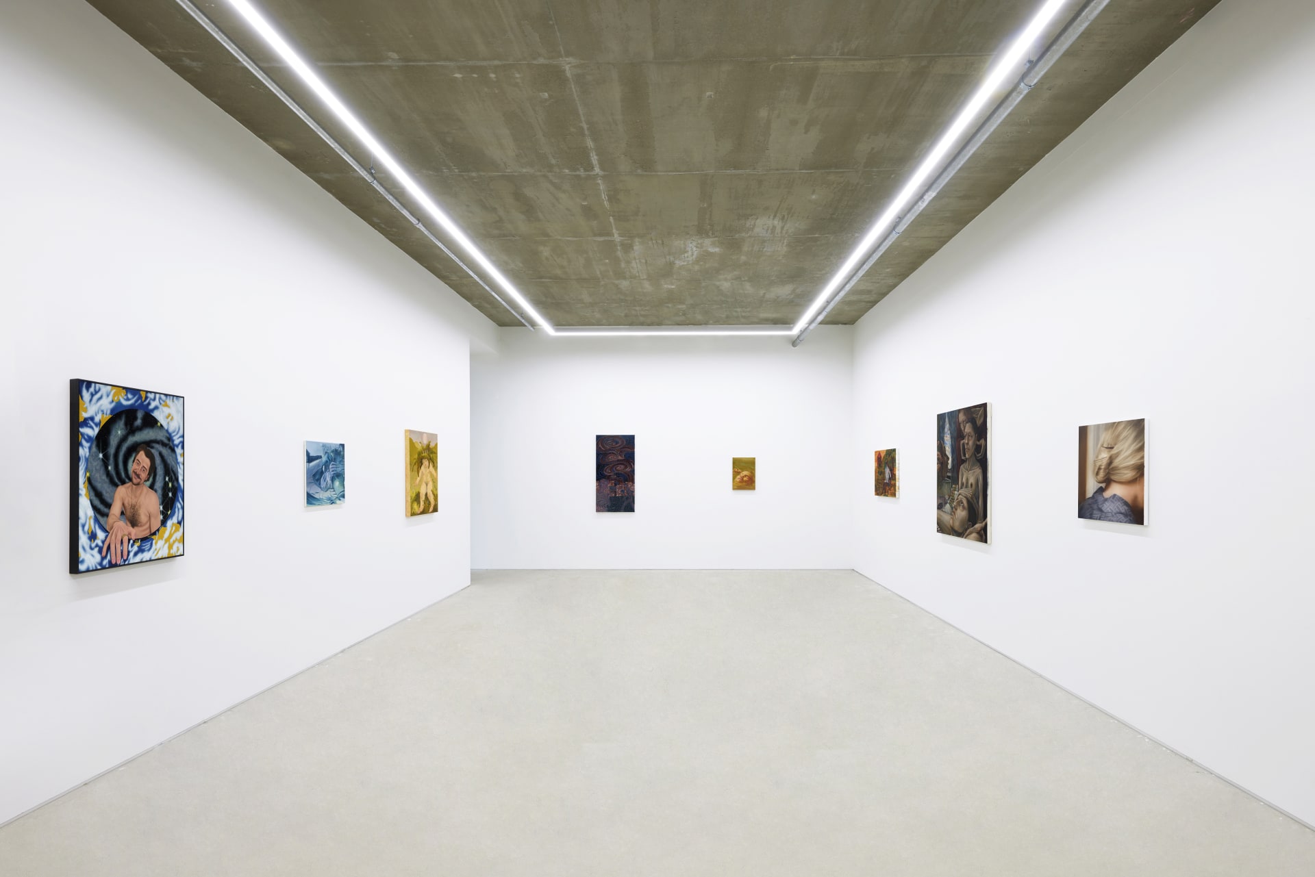 An installation view of a group painting exhibition including a painting by Rachel Lancaster