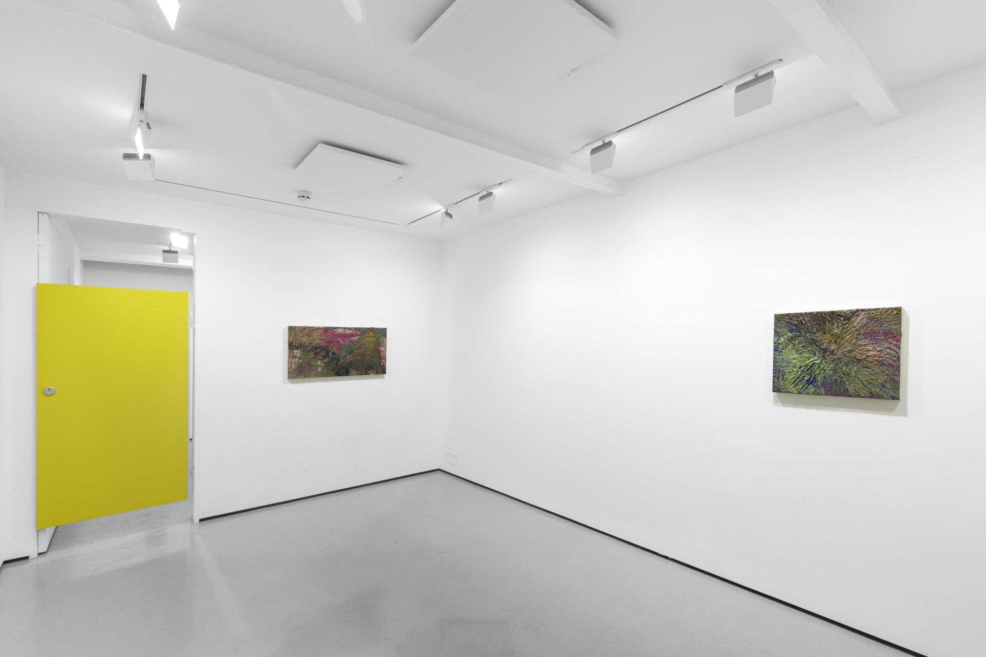 An installation view of James Cabaniuk's solo exhibition with two very large impasto oil paintings on the wall