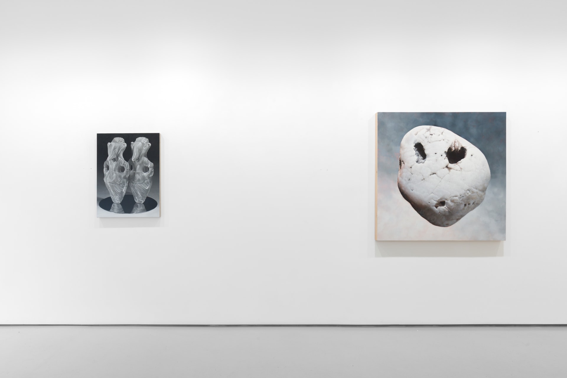 Installation view of the group exhibition Cold Feed at Workplace London including paintings and floor based sculpture