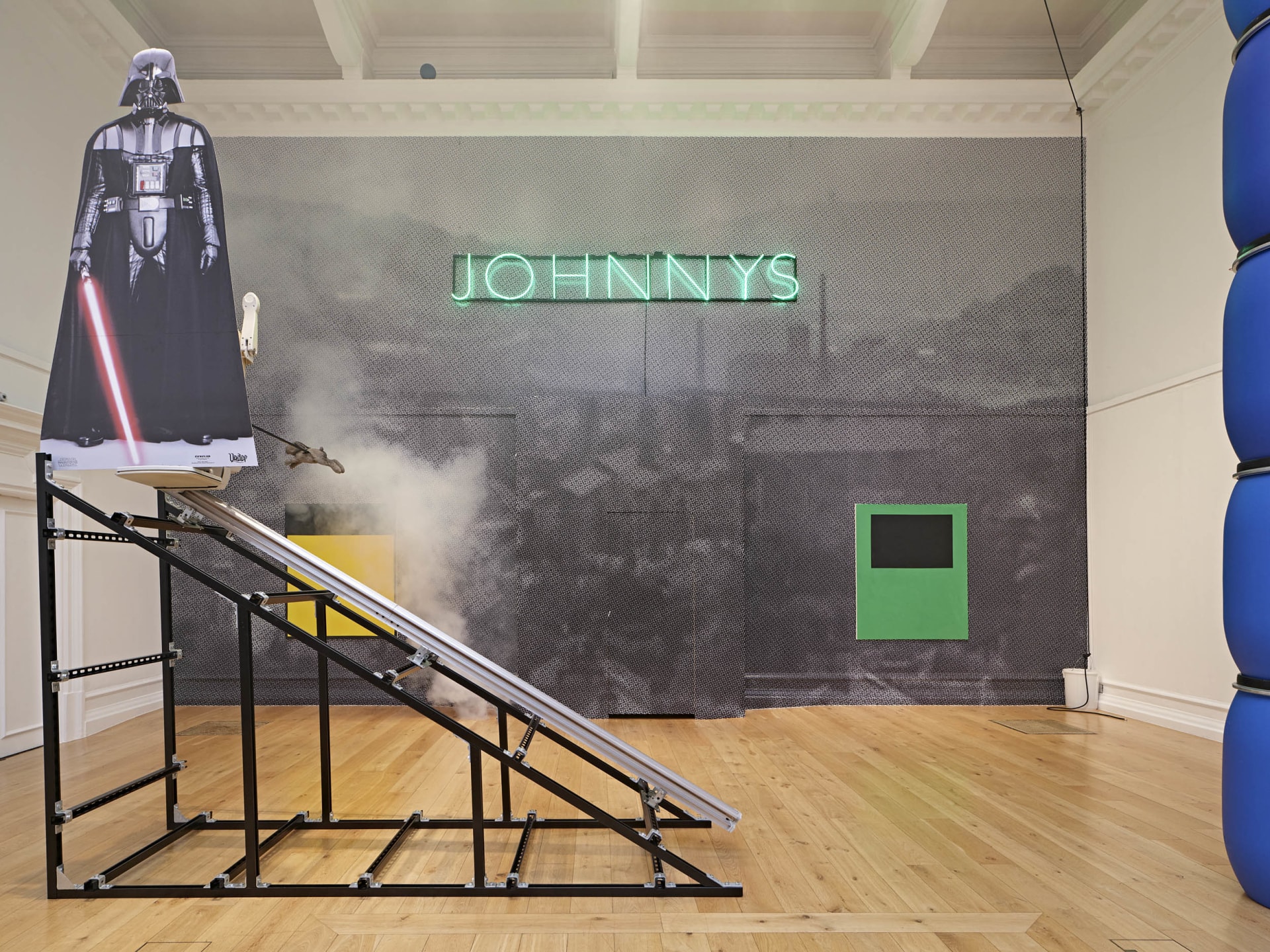 Installation views of Simeon Barclay's solo exhibition 'In the Name of the Father' at South London Gallery in September 2022