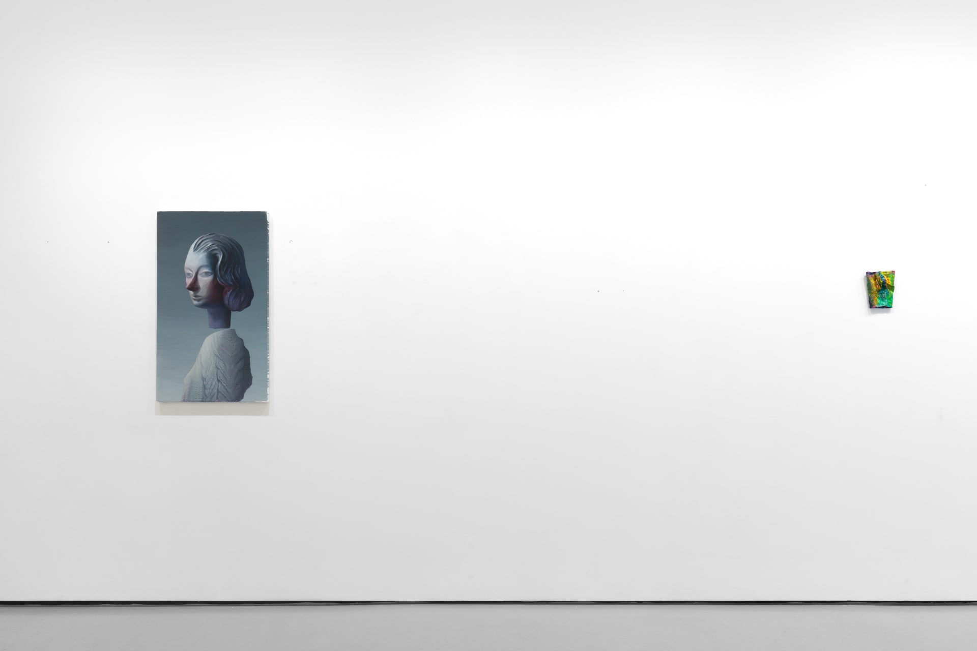 Installation view of the group exhibition Cold Feed at Workplace London including paintings and floor based sculpture