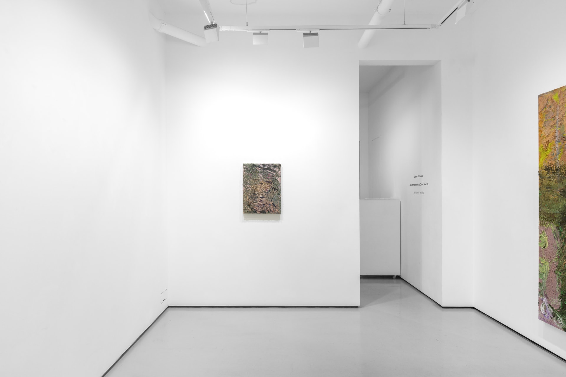An installation view of James Cabaniuk's solo exhibition with two very large impasto oil paintings on the wall