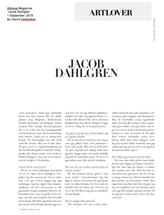 Article cover by ArtLover titled 'Jacob Dahlgren' with article text