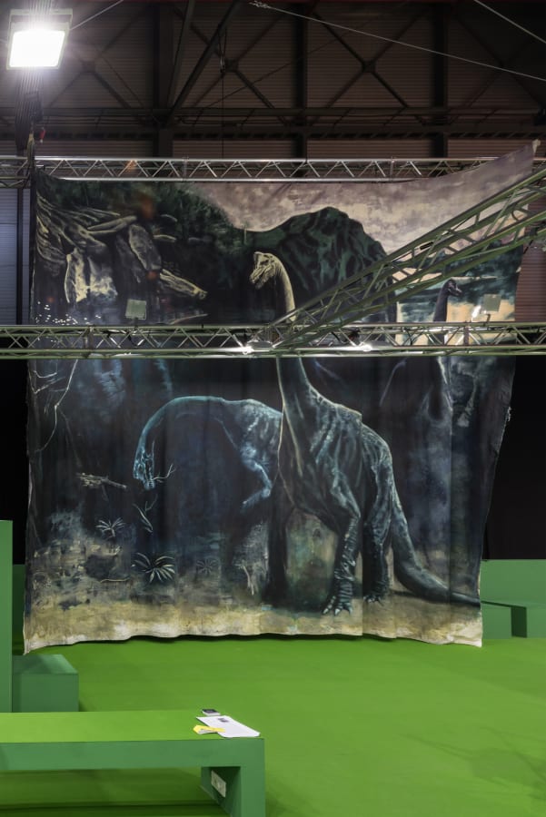 Workplace' booth at ARCO Madrid featuring a large painting on canvas of a pair of Brontosaurus dinosaurs