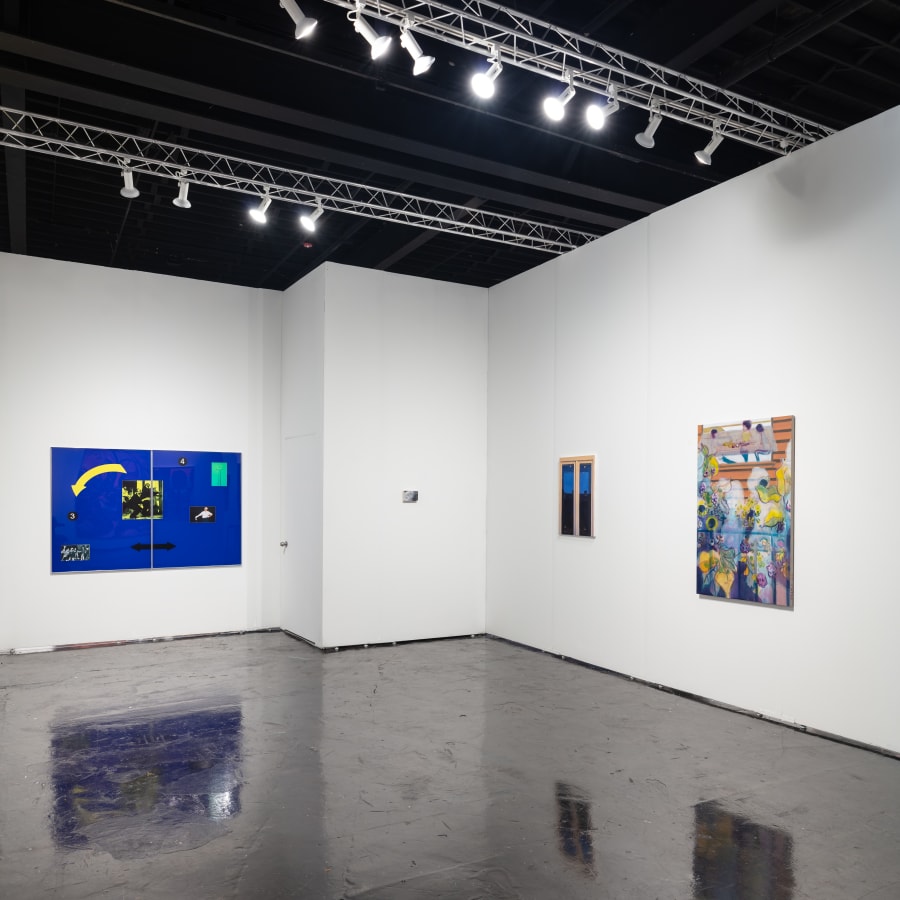 Workplace's booth at Nada Miami 2022. White walls with artworks by James Prapaithong, Simeon Barclay, Cristian Avram, Laura Lancaster, Julia Maiuri and Miko Veldkamp.