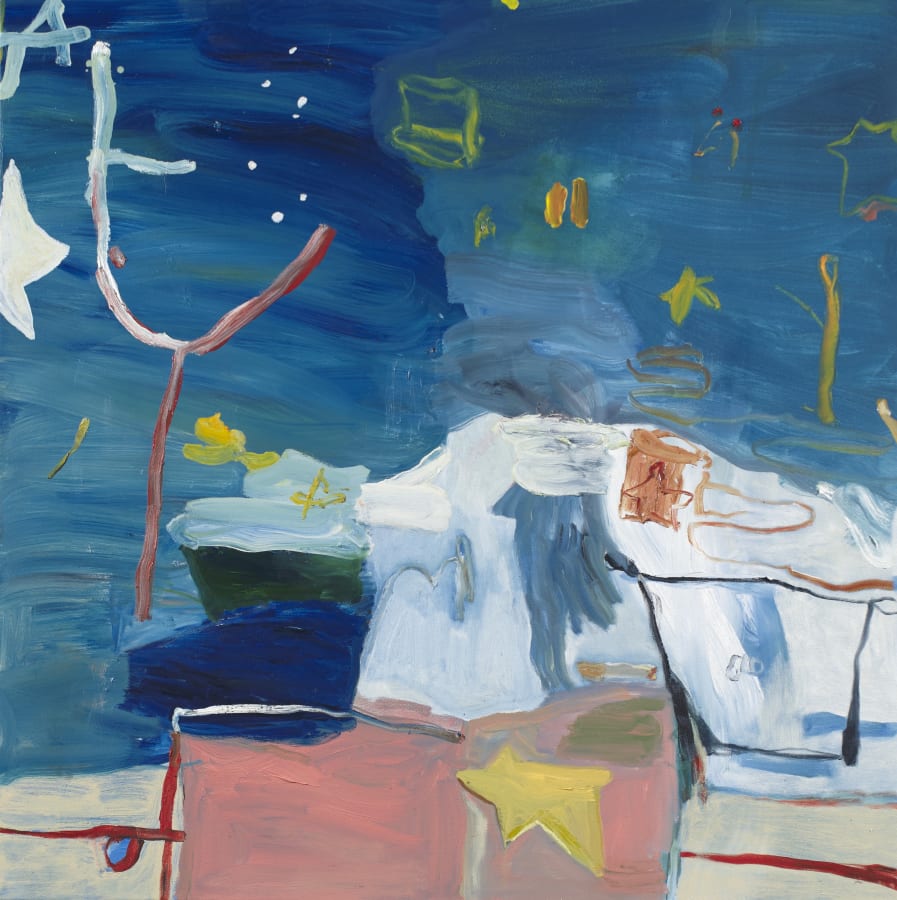 A detail of a blue abstract gestural painting by b chehayeb