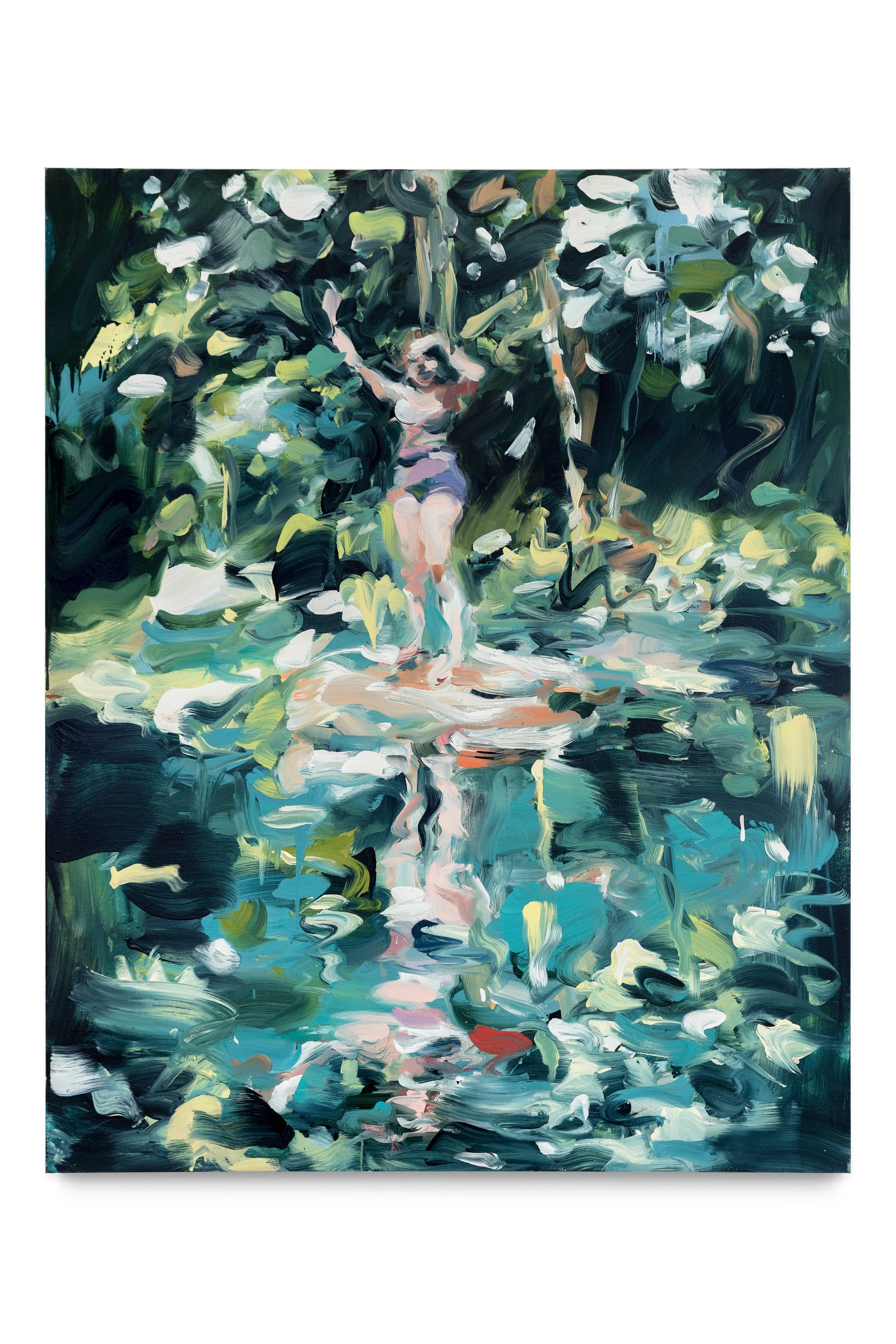 A painting by Laura Lancaster of a woman in front of a pond raising her hand and shielding her eyes 
