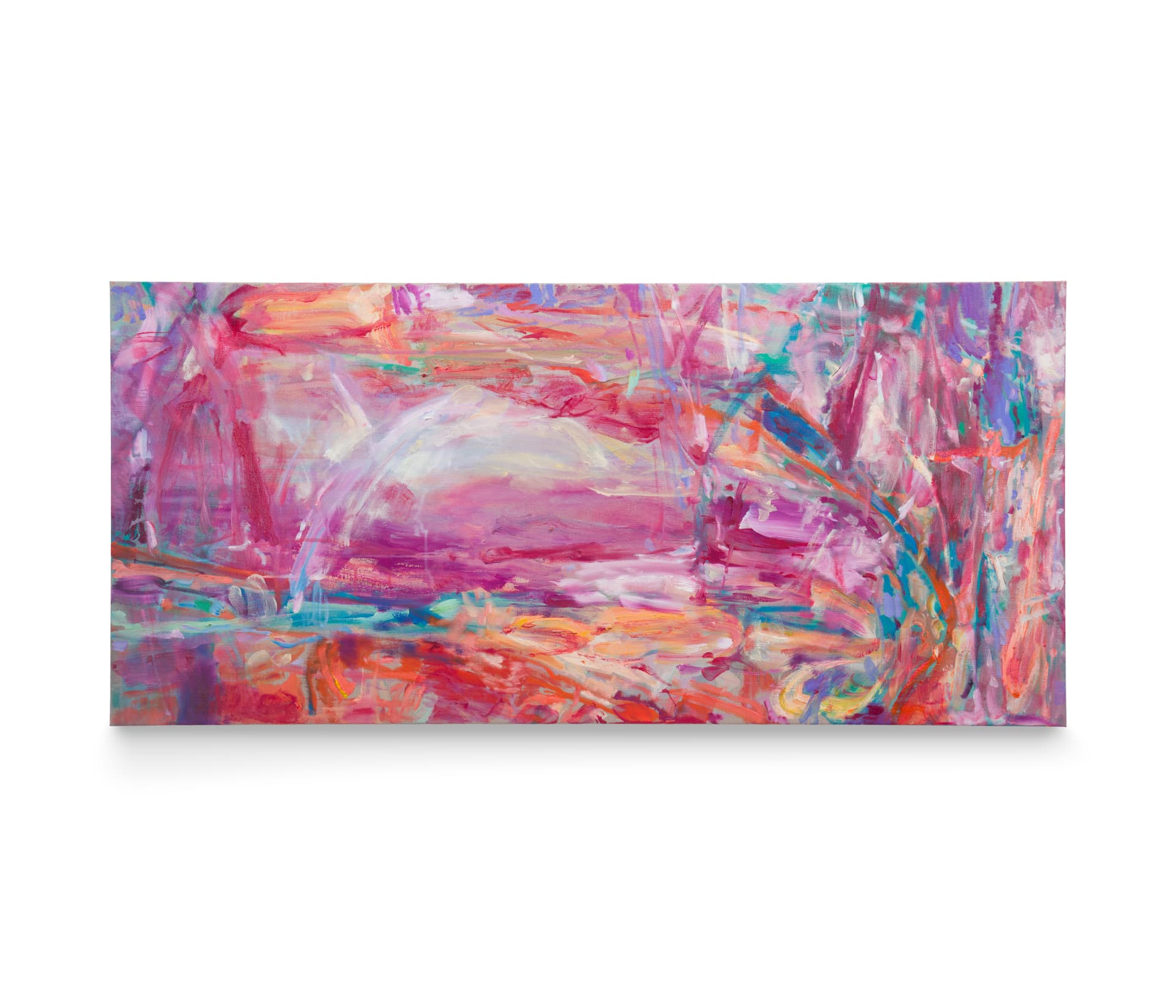 A horizontal landscape format abstract painting in pinks and reds and loose brushwork by Kirsty M Chan 