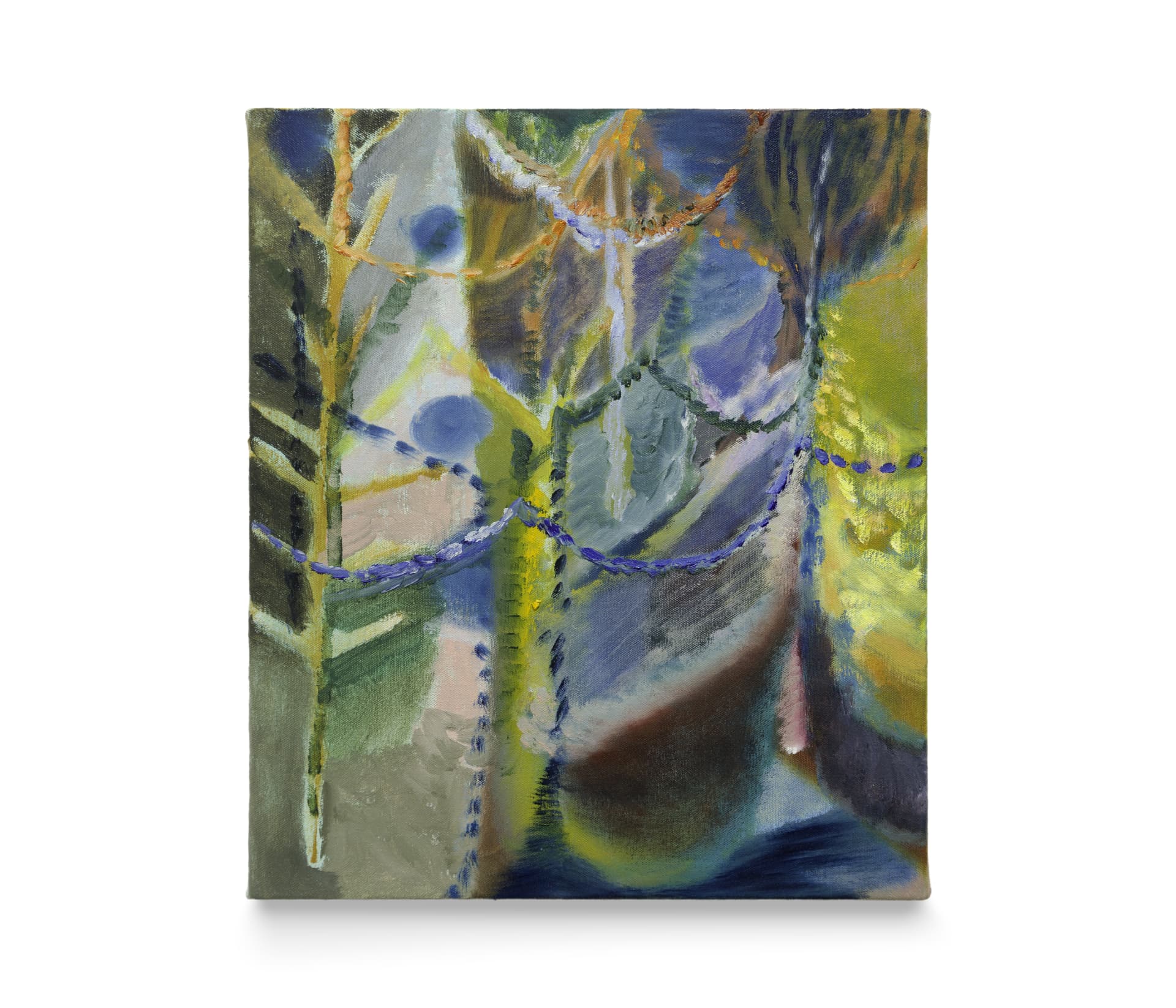 A painting by Amy Winstanley of organic forms in a vivid abstract landscape