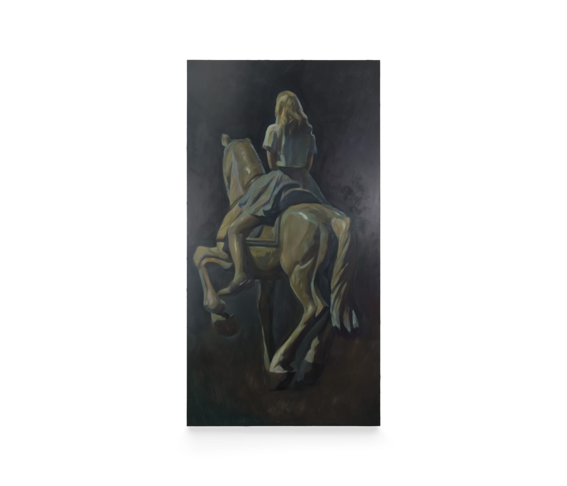 A painting by Pei Wang of a blonde haired girl riding a horse against a dark background