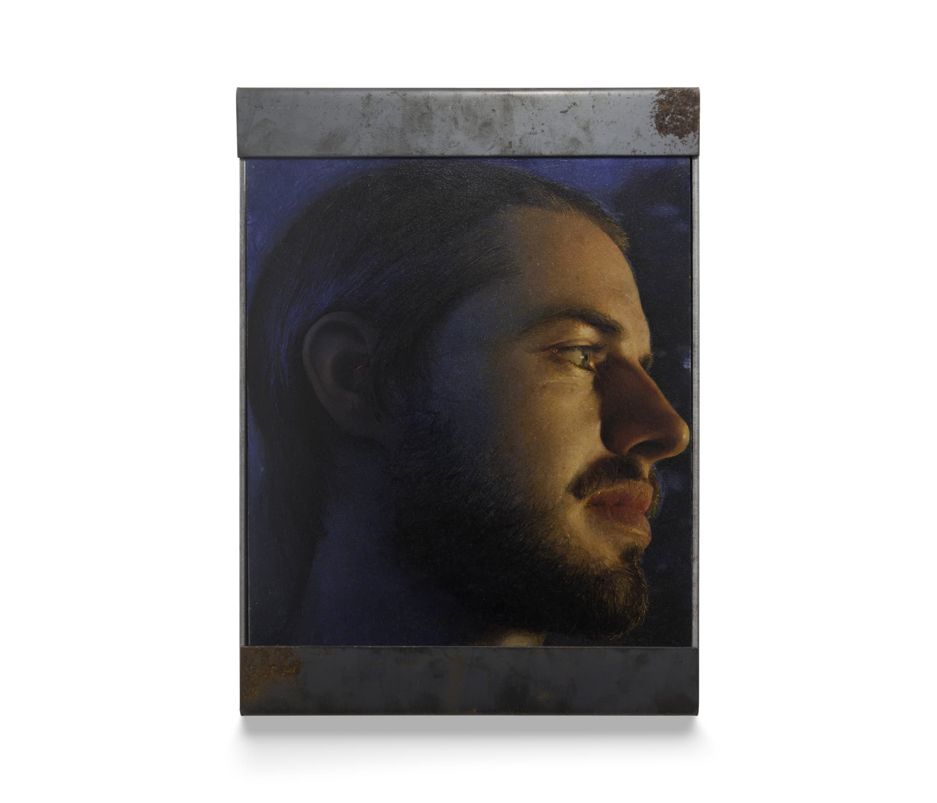 A painting by Ki Yoong of the closeup of the side of a man's face in a metal frame