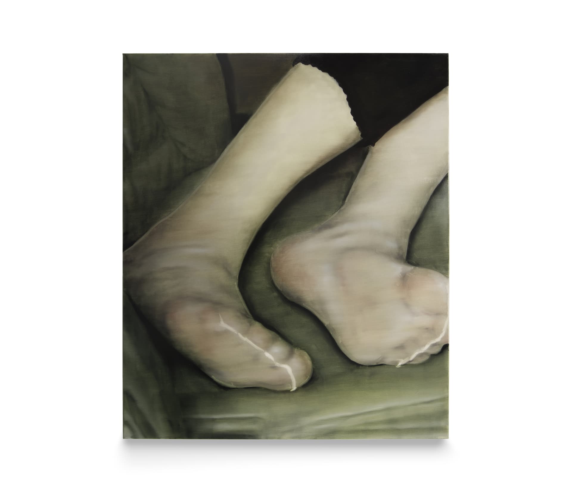 A painting by Tomas Harker of two feet covered in transparent stockings resting on a green surface