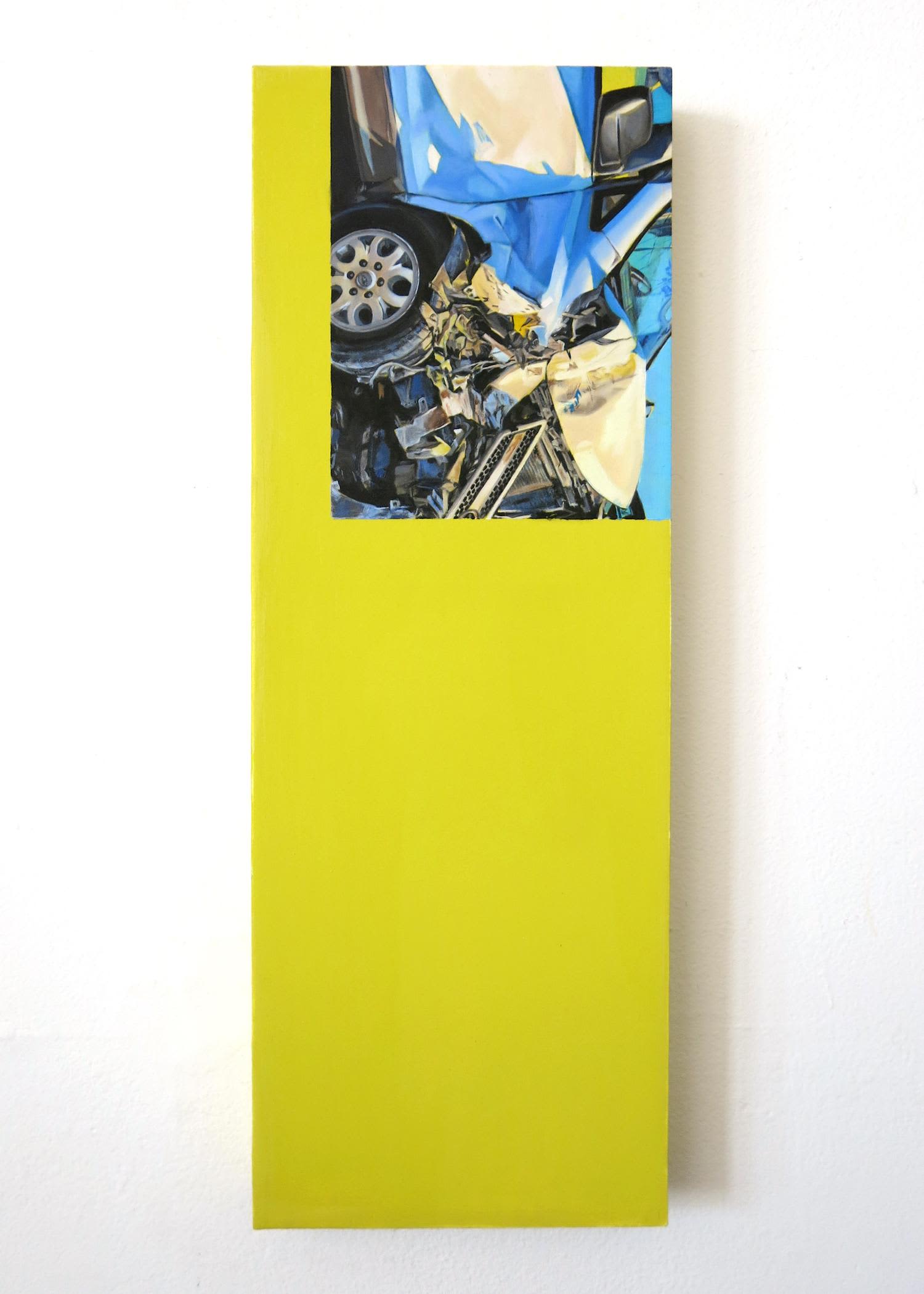 A painting by Meredith sellers of a cropped section of a car crash against a yellow background