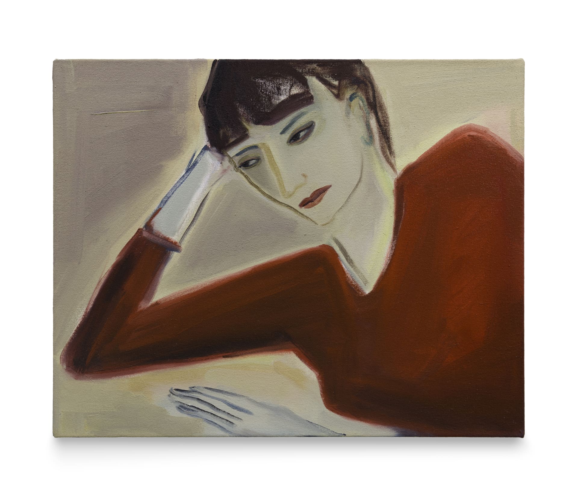 A painting by Eve Ackroyd of a young woman wearing a red jumper 