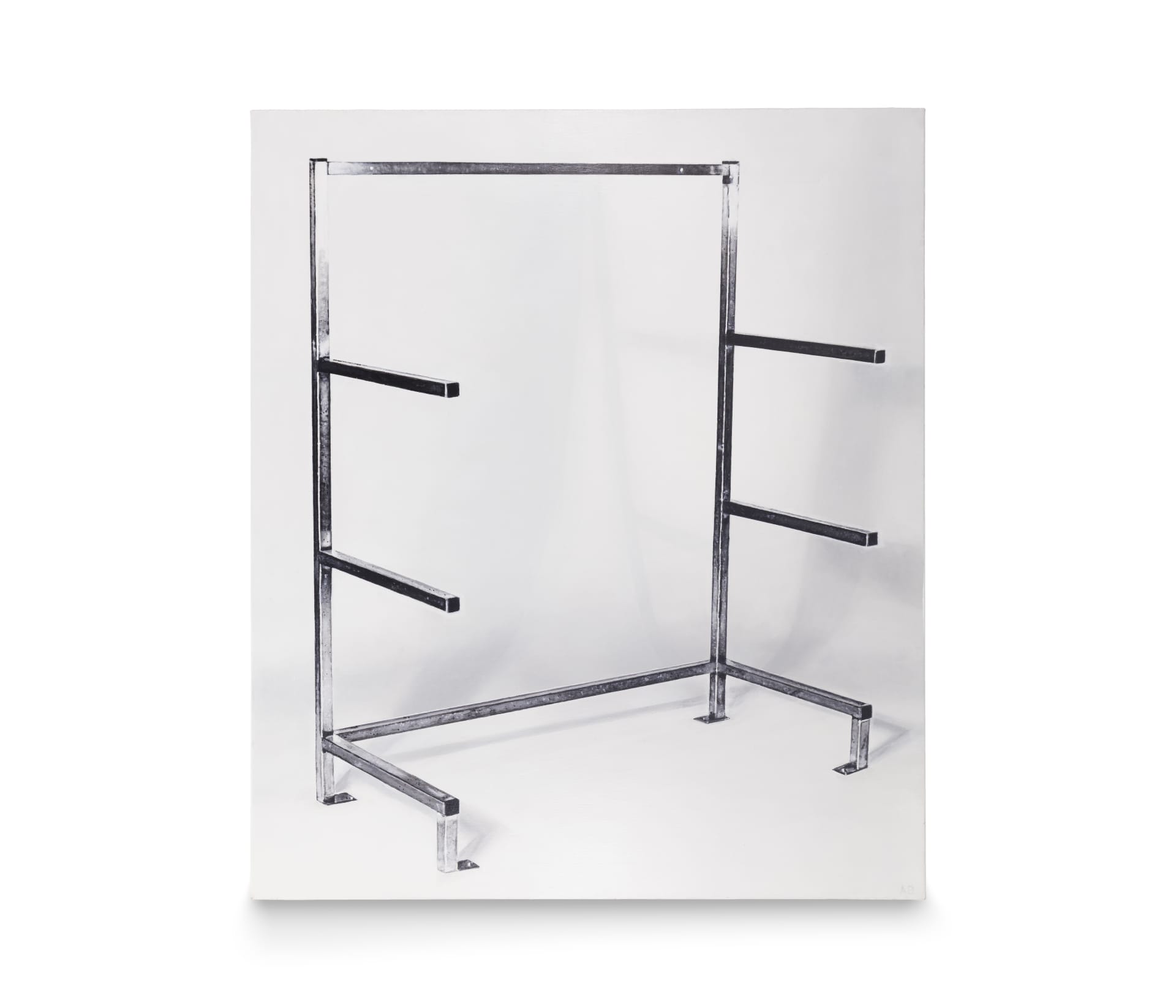 A painting of an unadorned metal frame on a white background