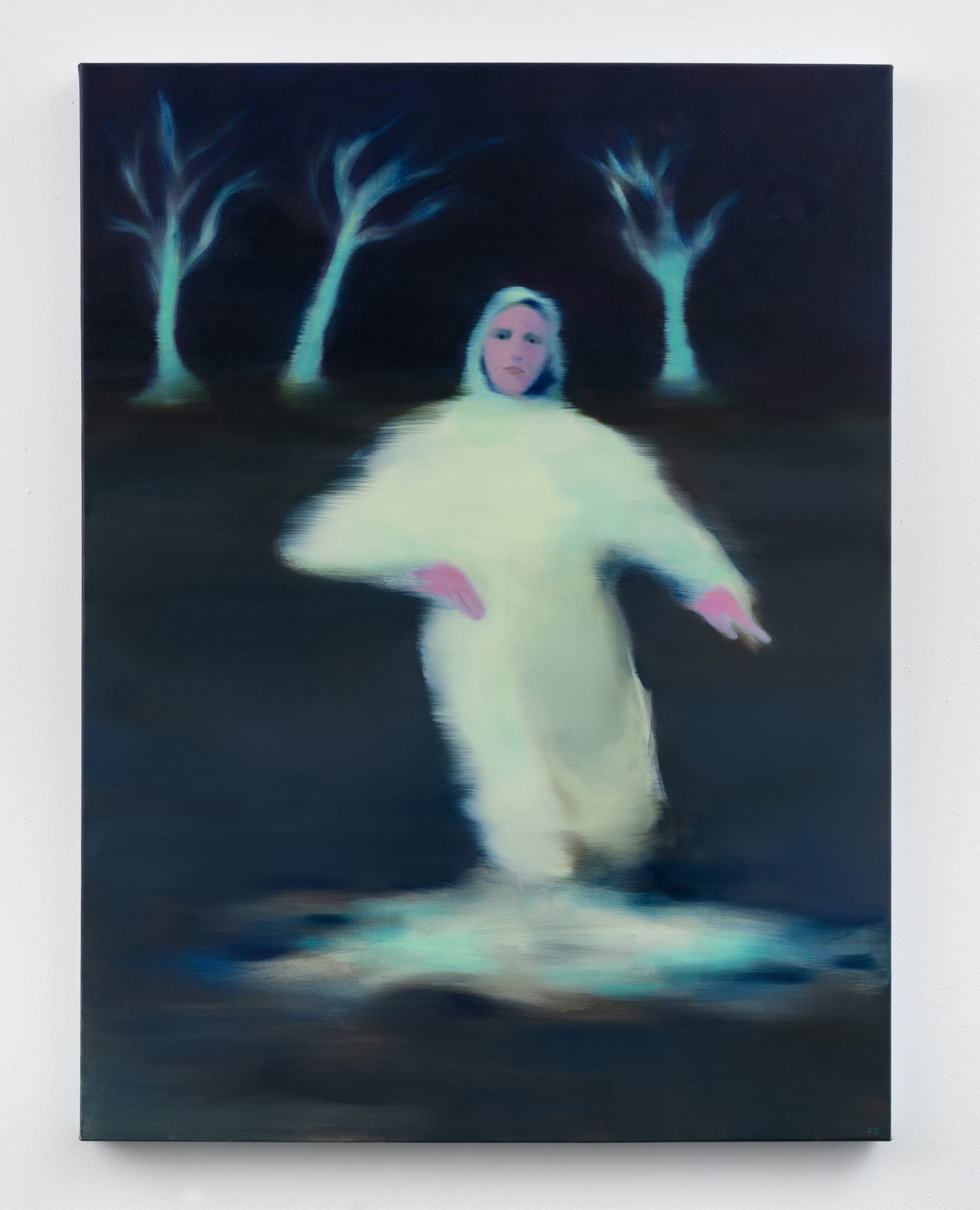 Painting by Cathleen Clarke of a person in the dark and three trees in the background