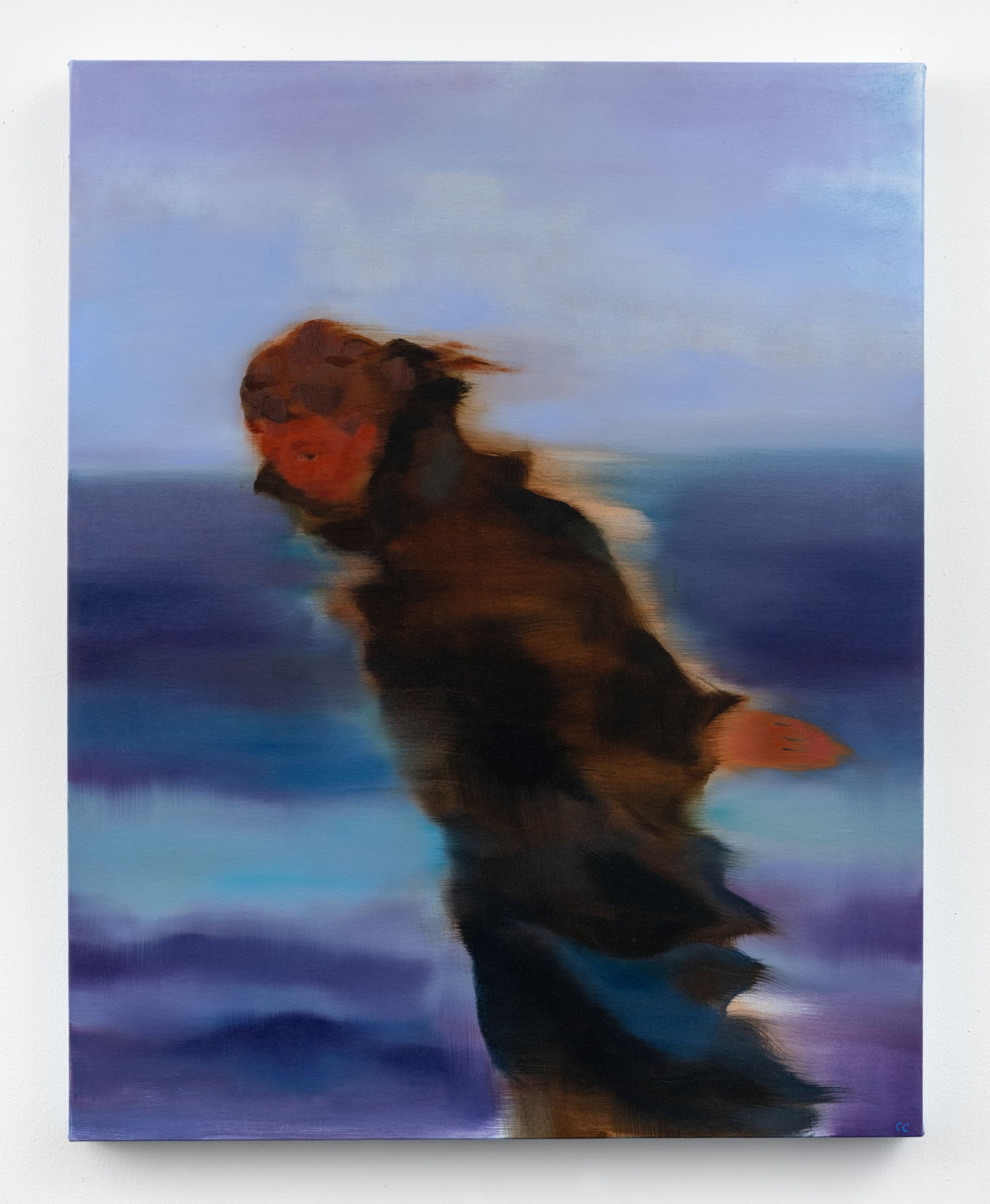 Painting by Cathleen Clarke of a woman leaning into the wind with a blue and purple background