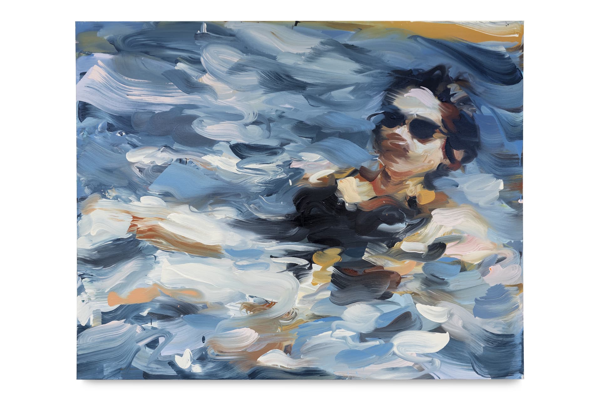 A painting of a woman swimming and wearing sunglasses by Laura Lancaster