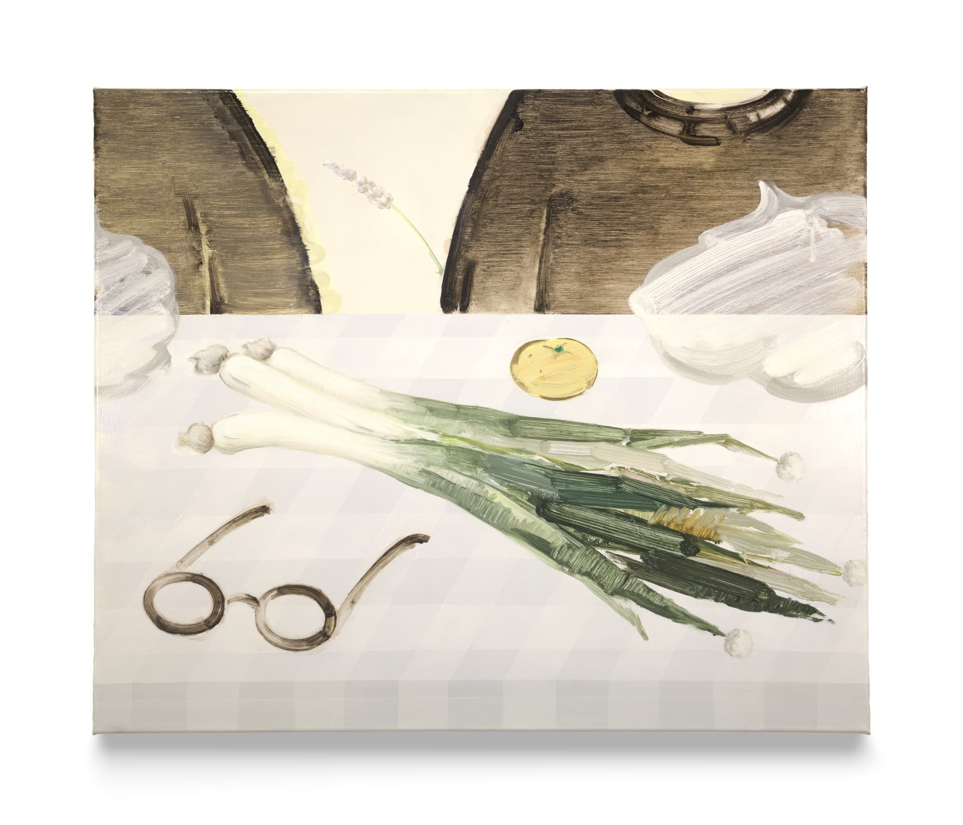 A painting by Sooim Jeong of a satsuma, leeks and a pair of glasses on a table in front of 2 figures