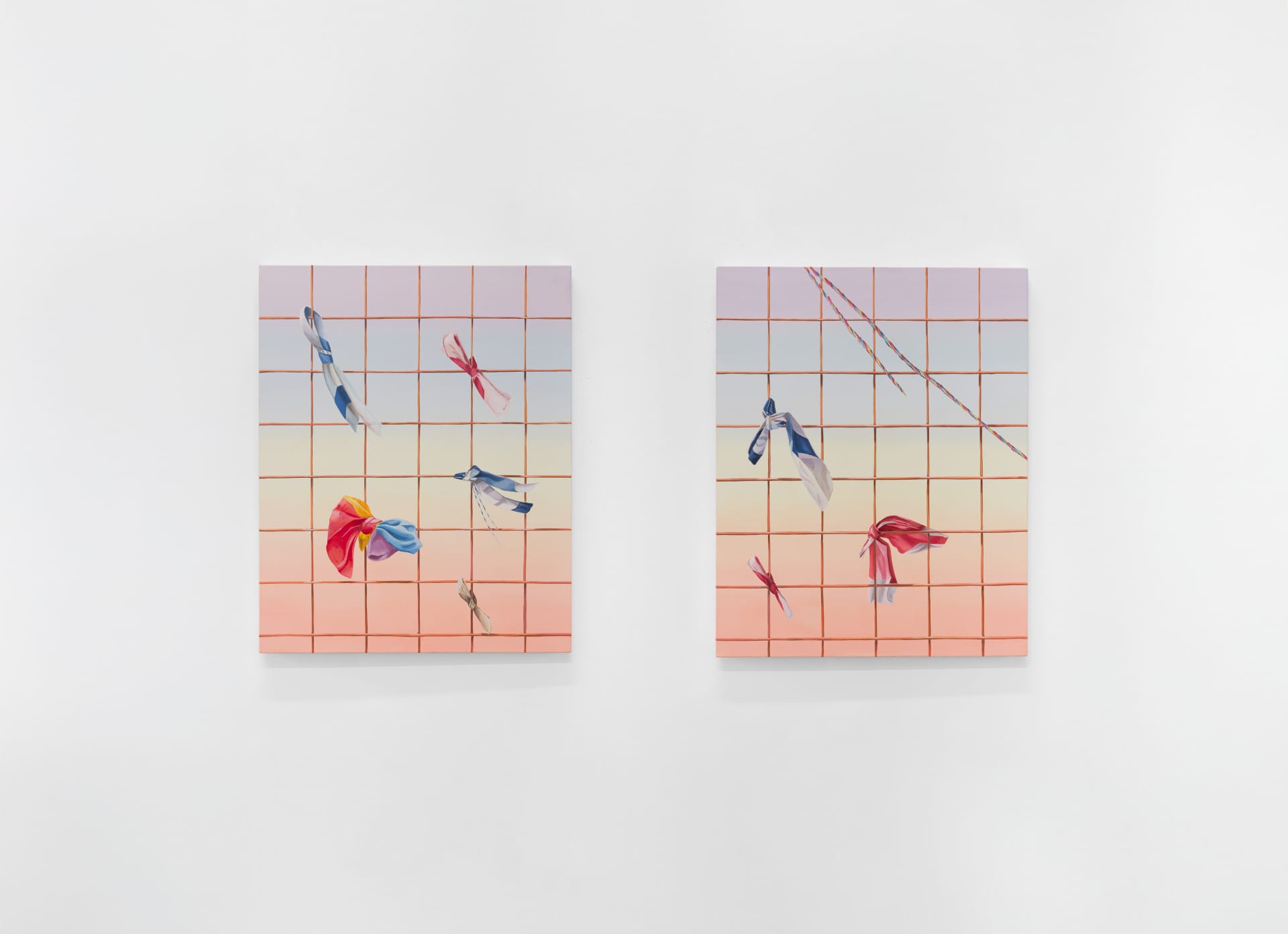 A diptych of paintings by Sarah Poots of colourful pieces of fabric attached to a thin red metal grid 