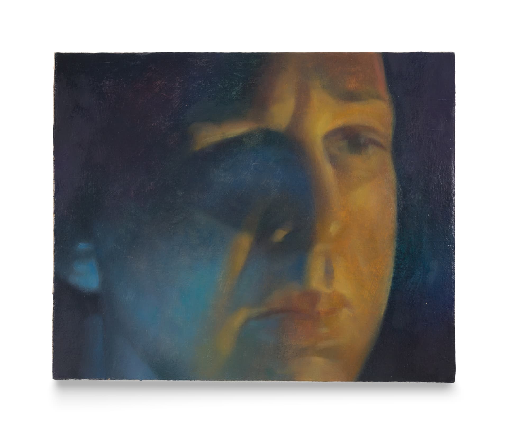 A painting by Pei Wang of a person's face staring into the distance and lit on either side with a yellow and blue light