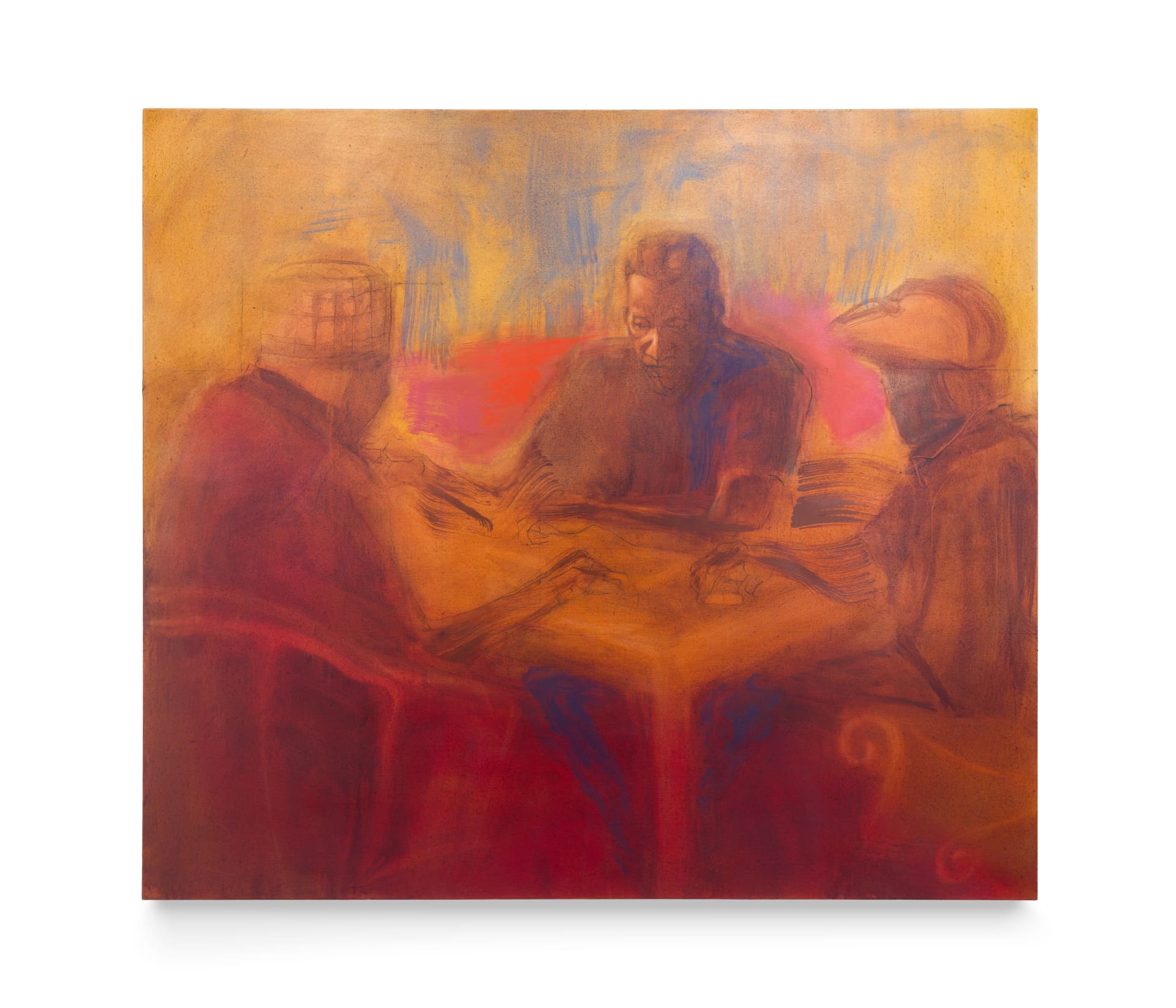 A painting by Jesse Akele in brown, red and ochres of 3 figures sat around a small table