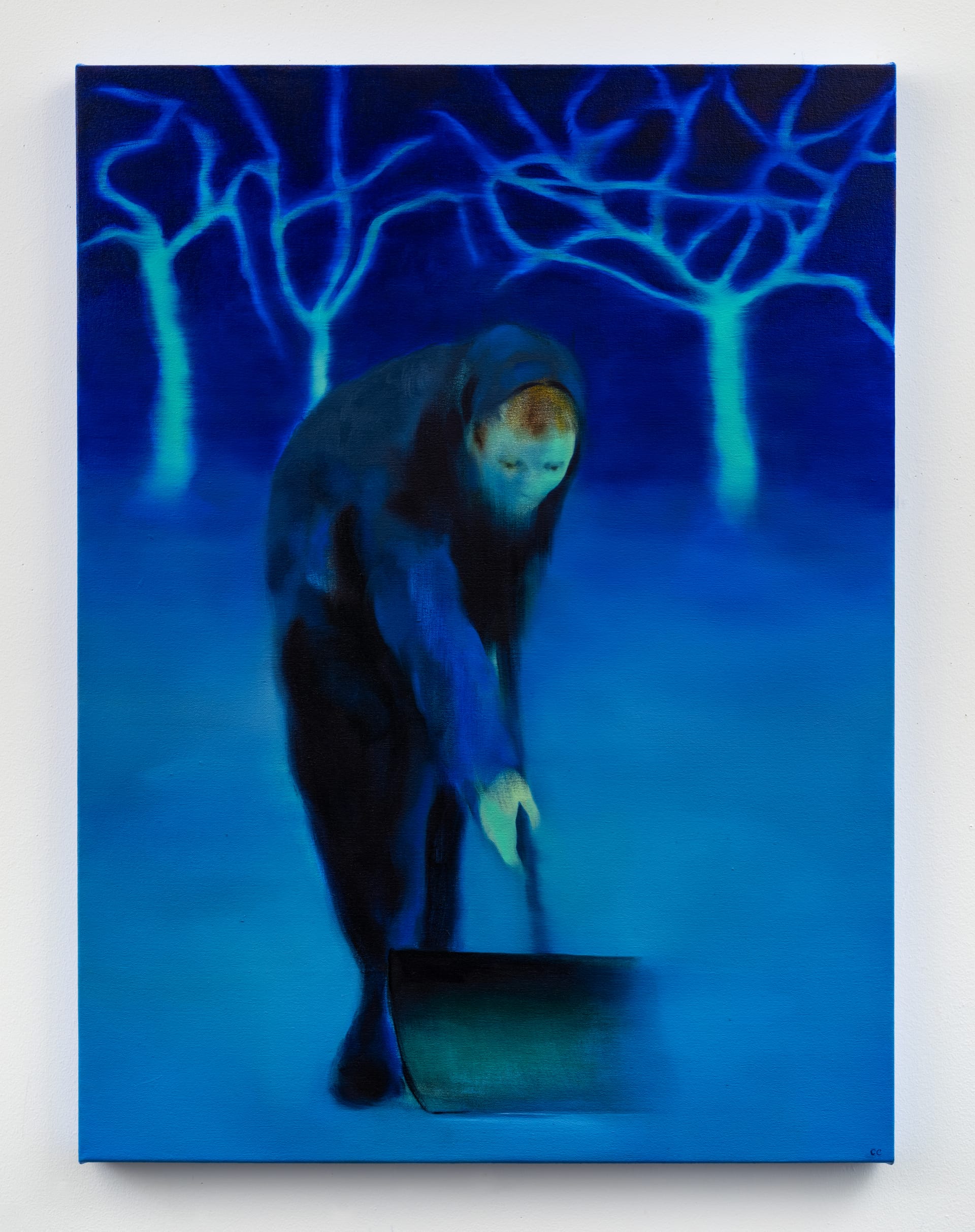 Painting by Cathleen Clarke of a person with a snow scoop and three trees in the background in blue