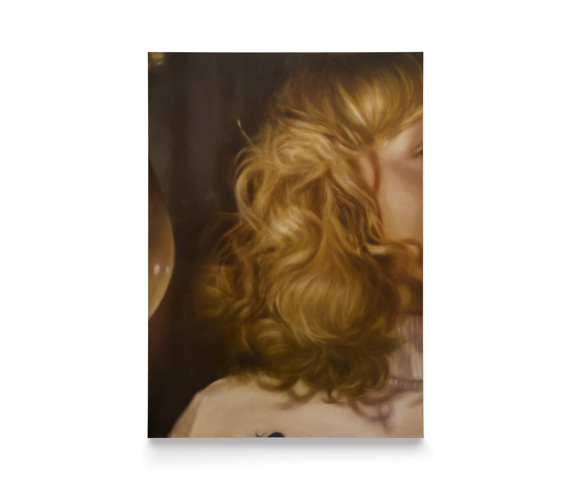 A painting by Rachel Lancaster of the crop of a woman's flowing hair against a darak background