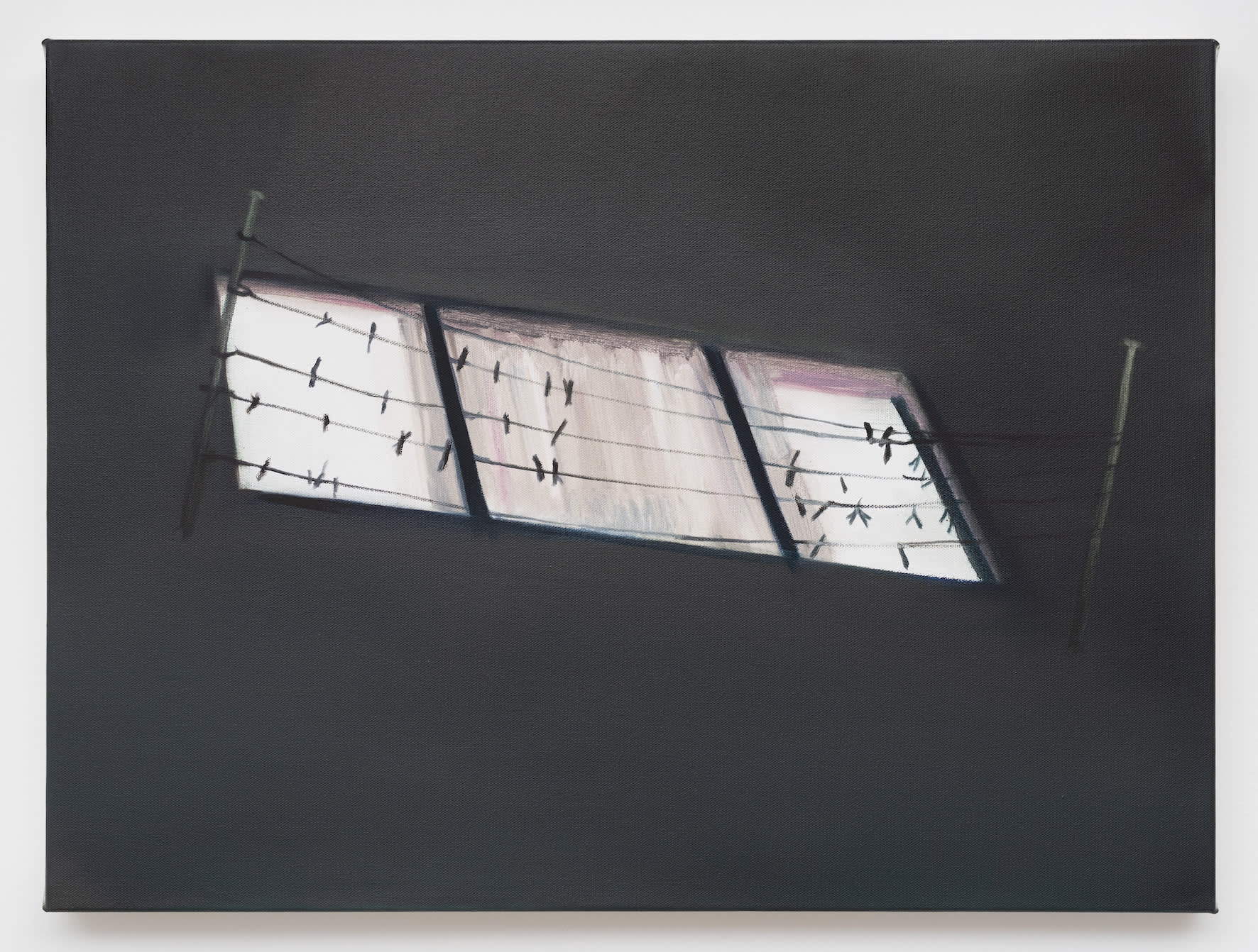 Painting of a window and laundry line depicted at night.