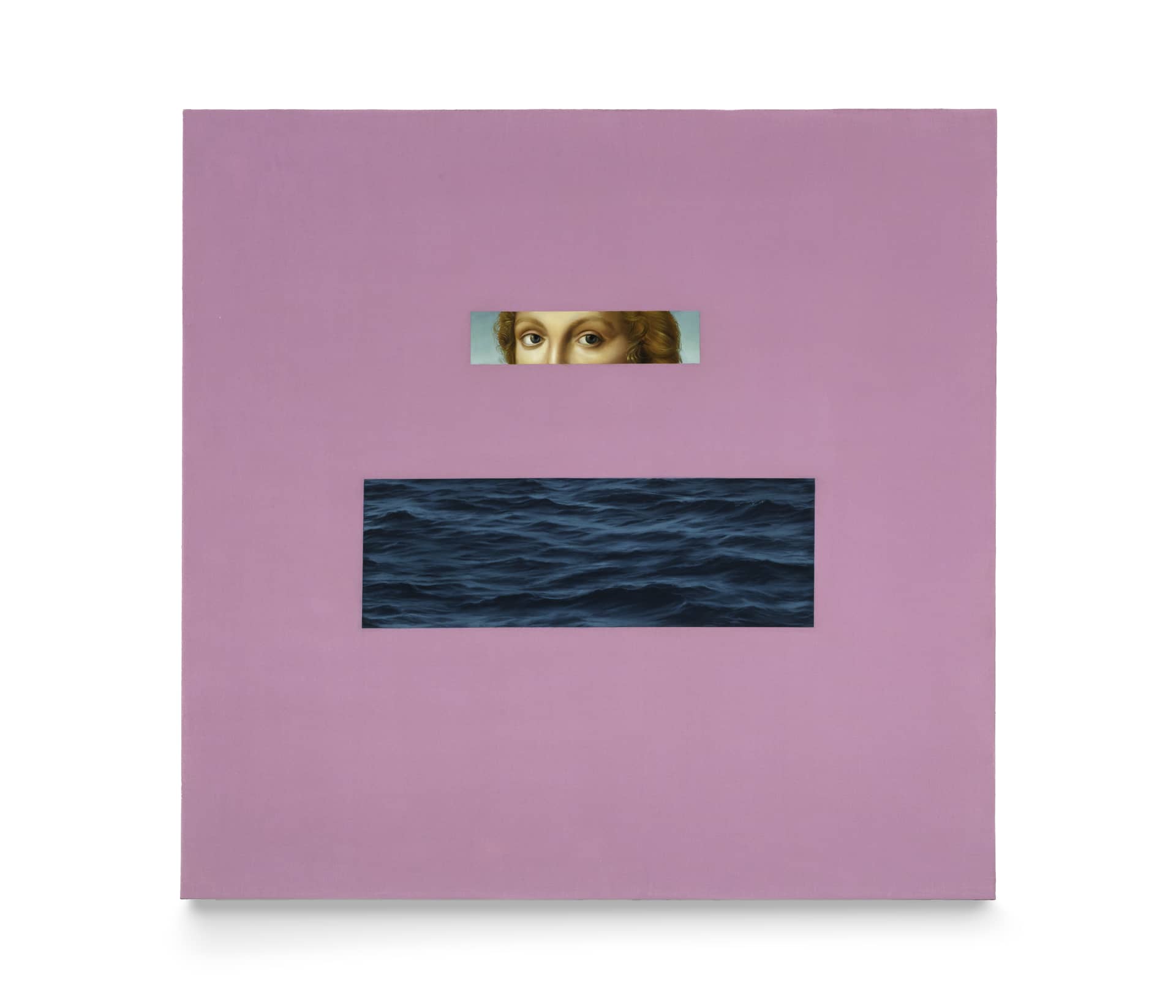 A painting by Meredith Sellers of a pair of cropped women's eyes and a cropped area of the sea