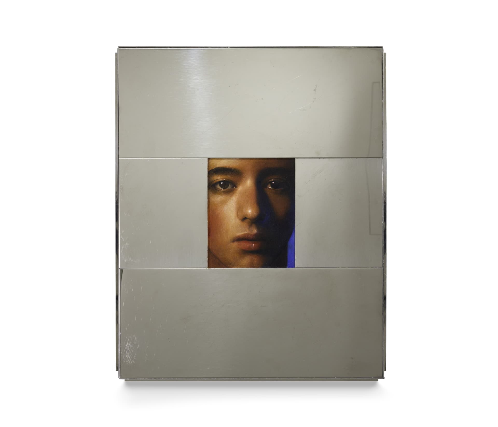 A painting of a boy by Ki Yoong, surrounded by mirror finish steel
