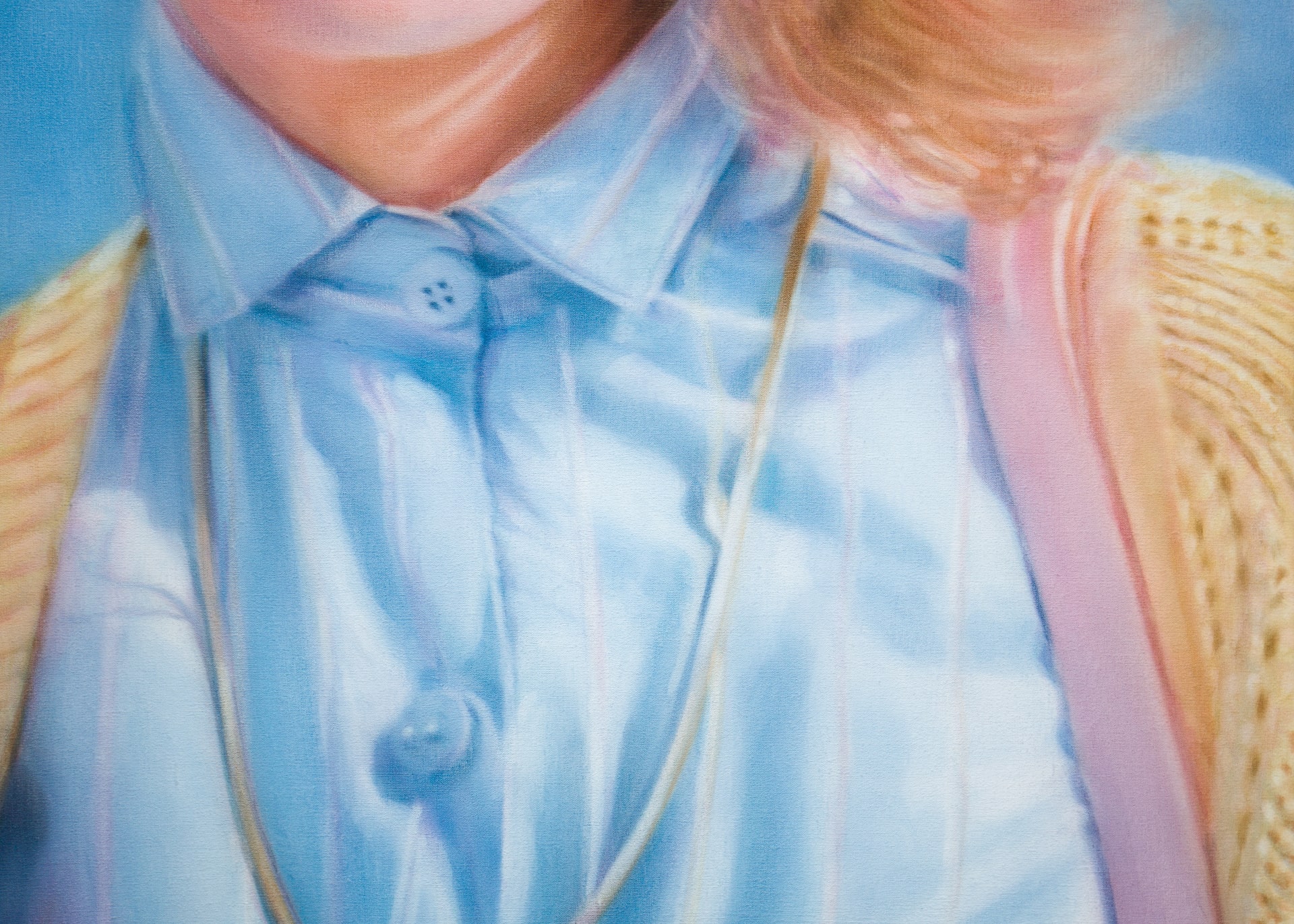 A painting by Rachel Lancaster of a woman with a buttoned up blue shirt 