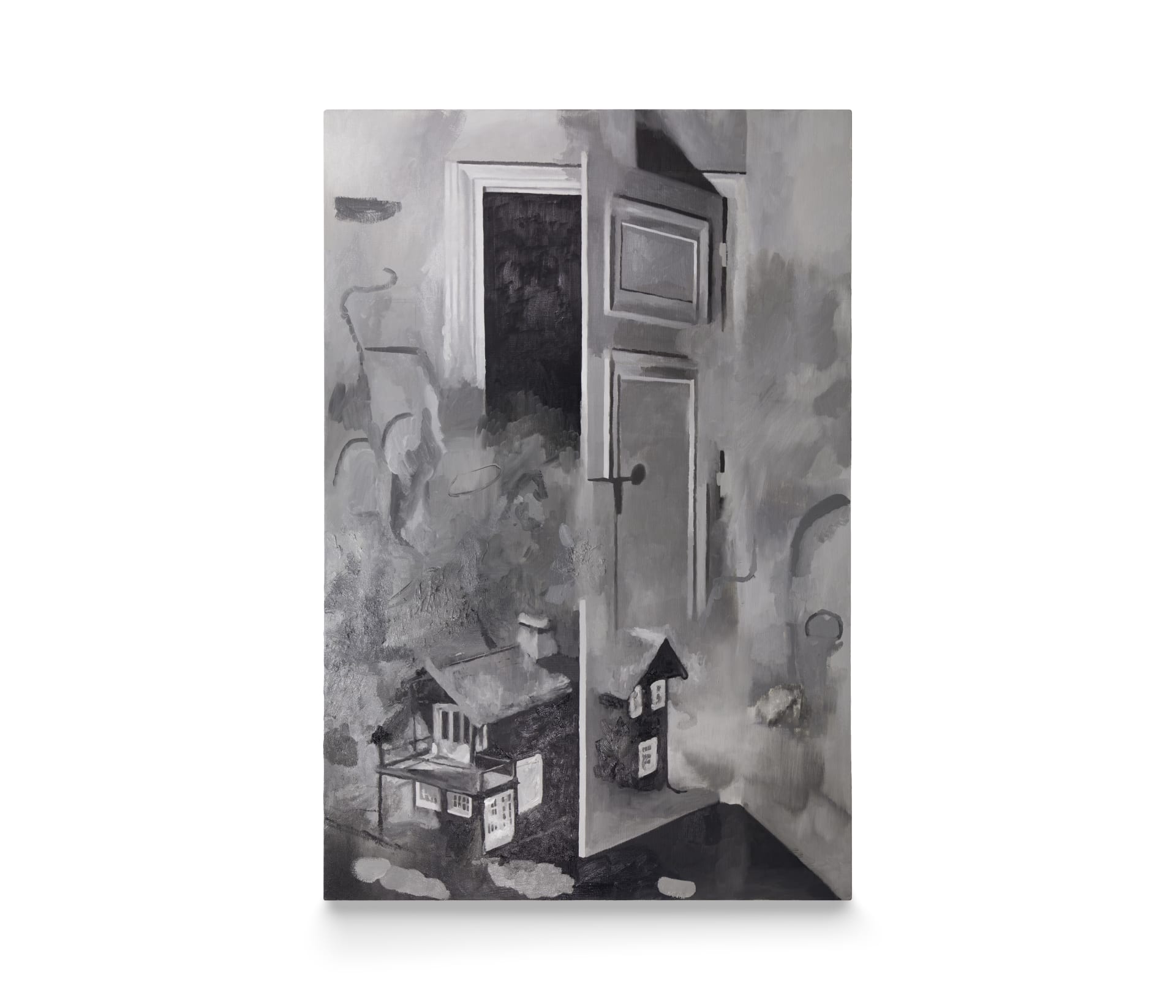 a painting by Robin Megannity of an open doorway with models of burning houses 