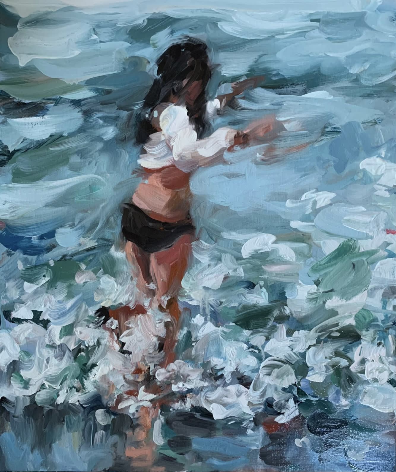 a painting by Laura Lancaster of a woman in a black bikini splashing in the waves 