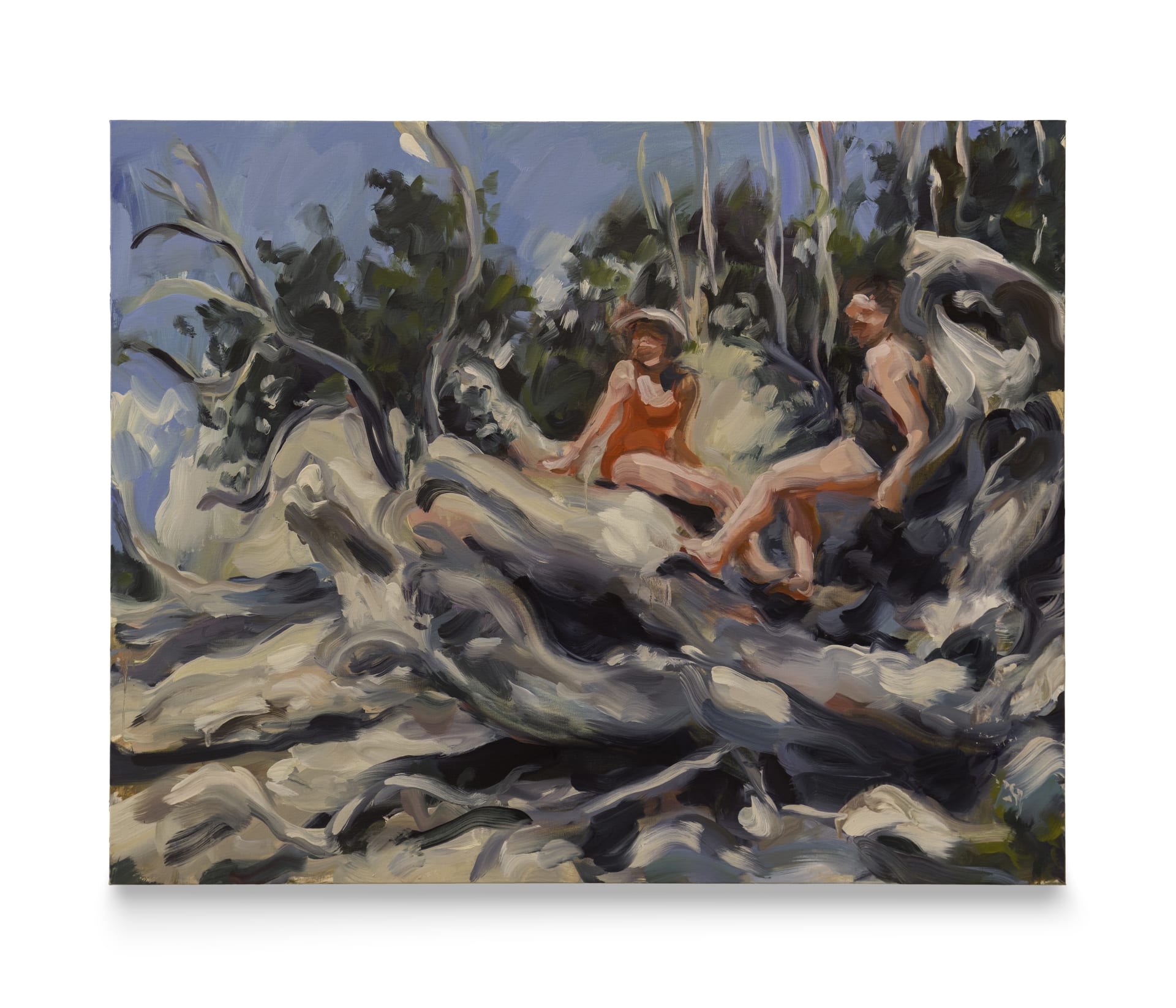 Painting of two women sitting on a rock by Laura Lancaster
