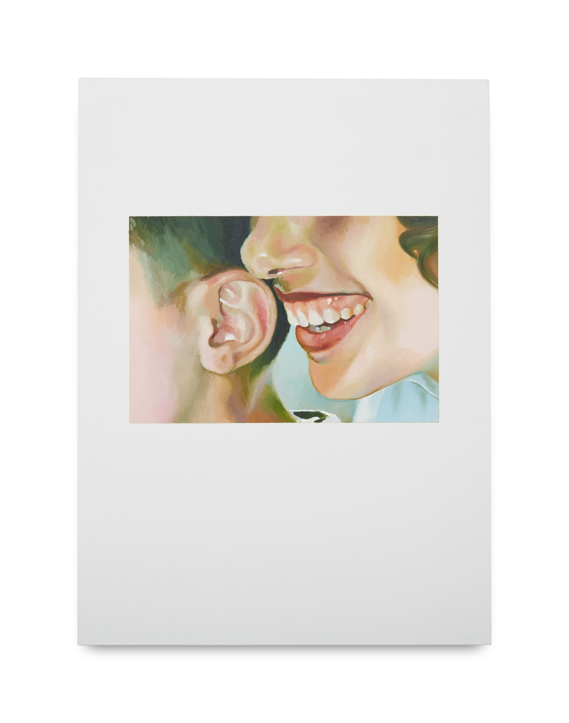 A painting by Robin Megannity of a woman speaking into a man's ear