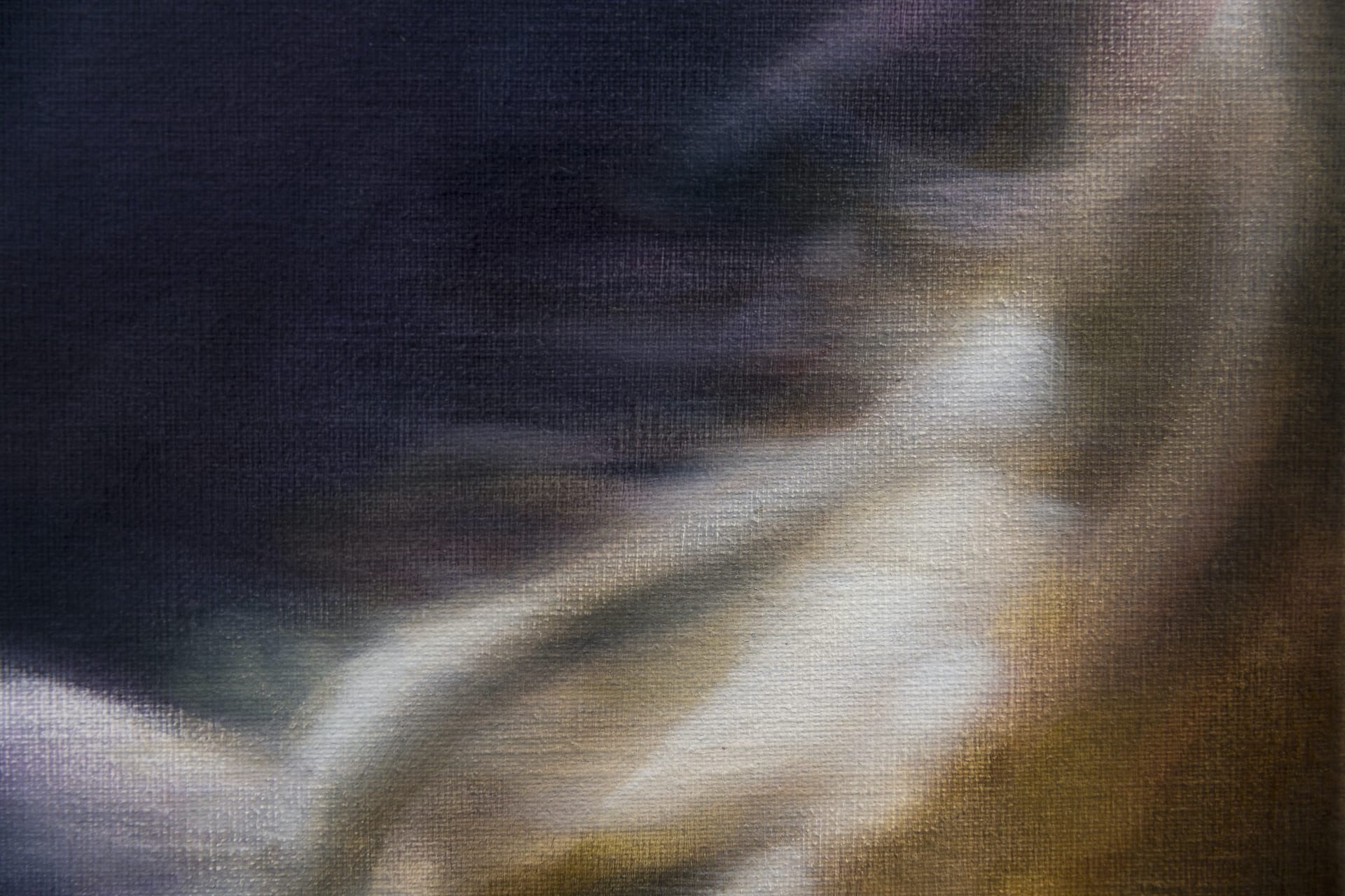 A detail of a painting by Rachel Lancaster of a person's blonde hair dramatically lit against a dark background