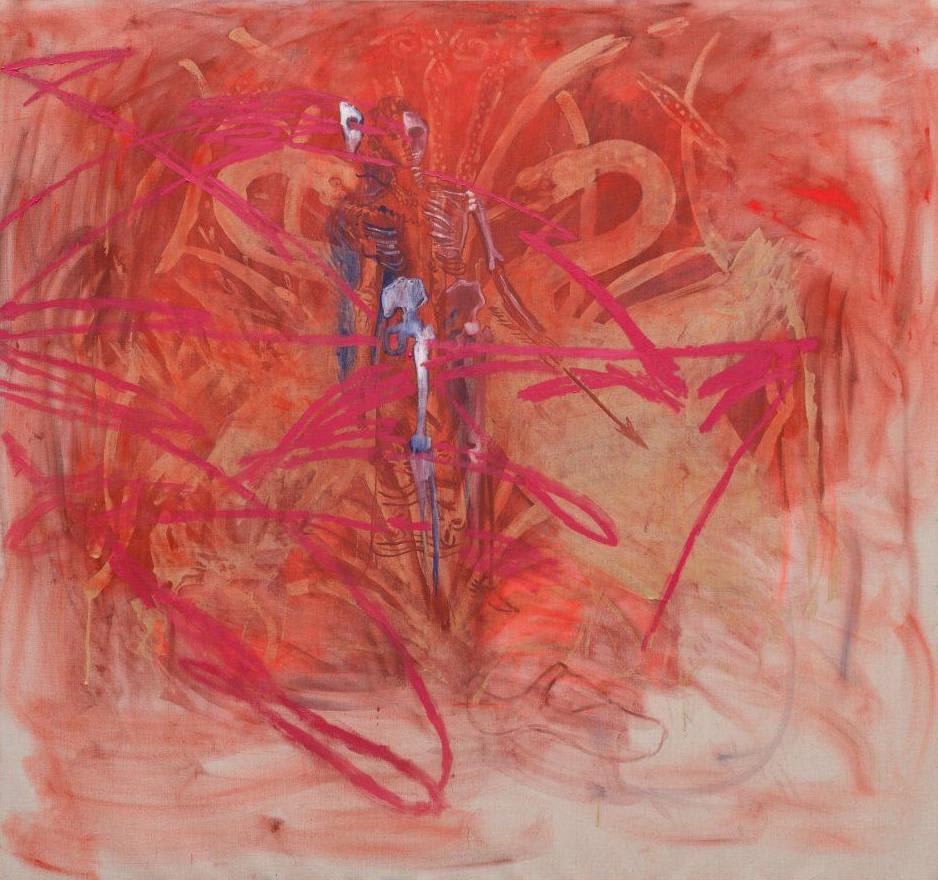A painting by Lucy Stein of a doubled skeletal figure set into a vibrant red background