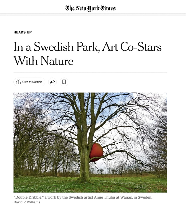 The New York Times article showing an image of an artwork installation of a ball in a tree